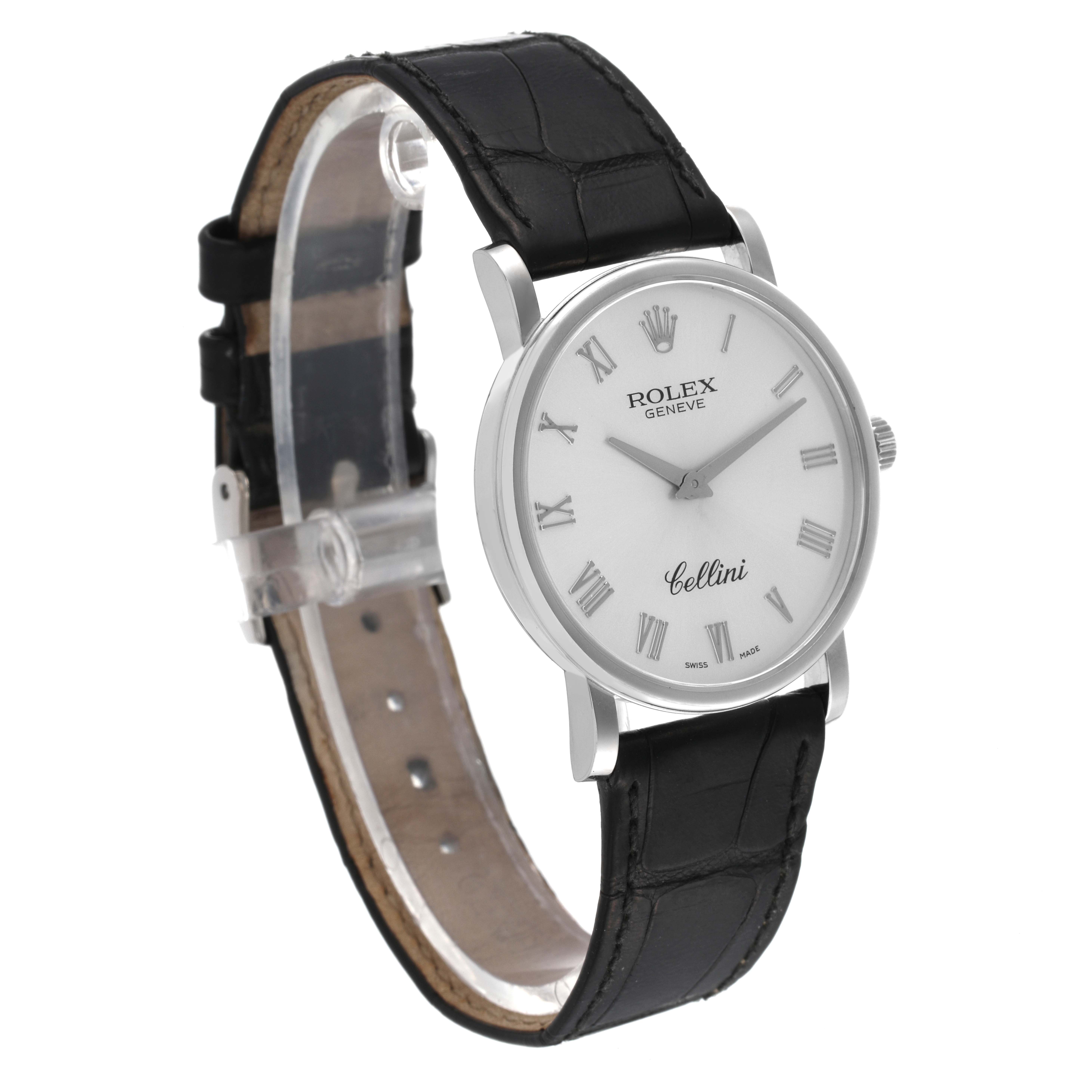 The Rolex Cellini 5115 Men's White Gold Silver Dial 5115 Men's White Gold Silver Dial watch is angled to show its face, side, and black leather strap.