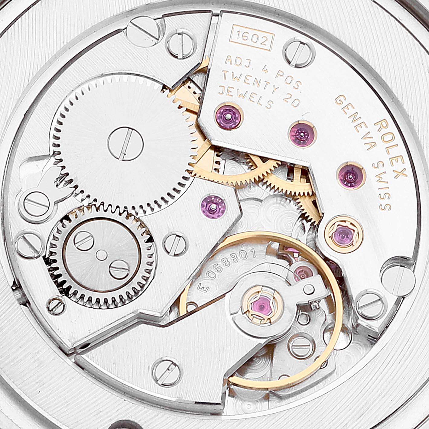 This close-up image shows the intricate movement mechanism of a Rolex Cellini 5115 Men's White Gold Silver Dial 5115 Men's White Gold Silver Dial watch.
