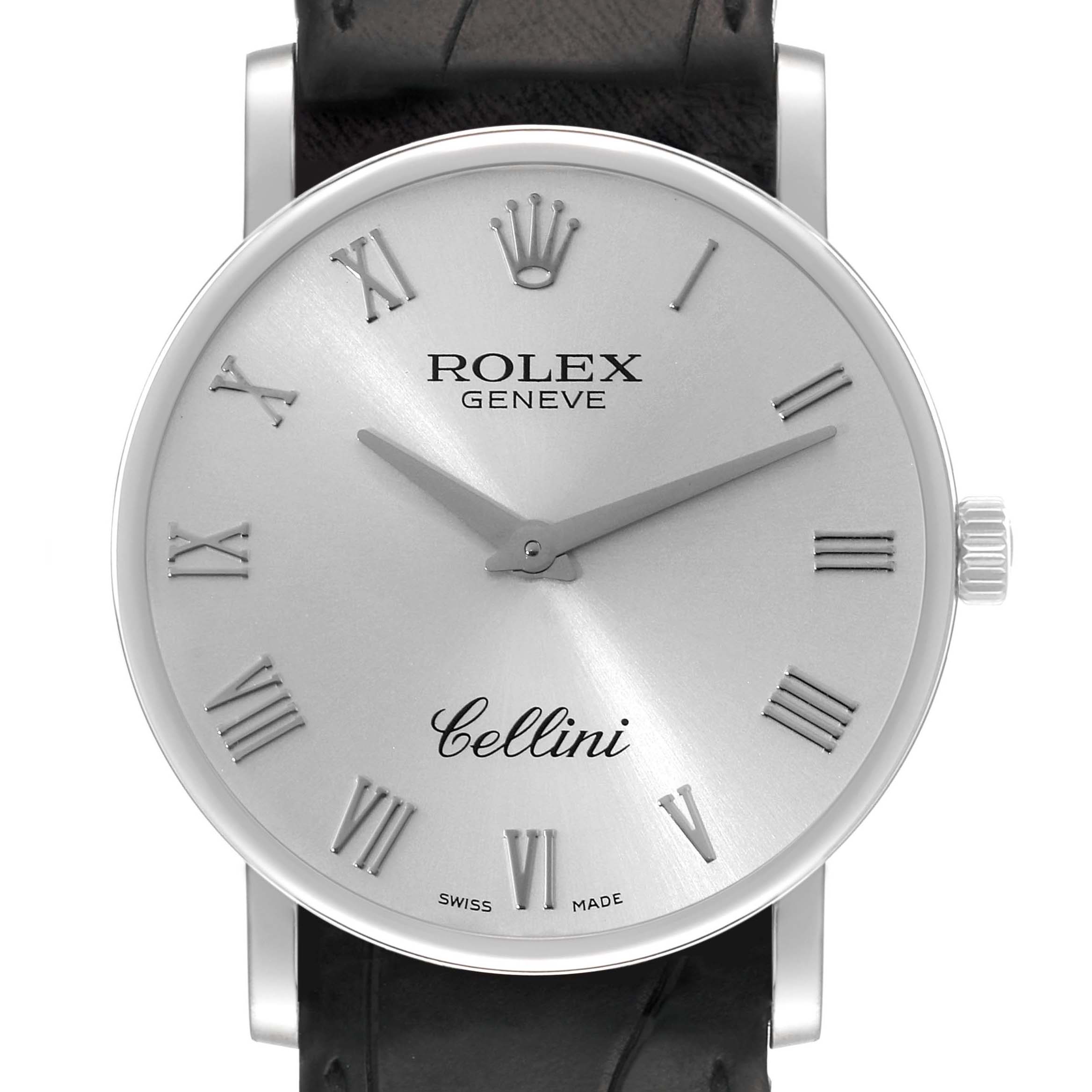 This Rolex Cellini 5115 Men's White Gold Silver Dial 5115 Men's White Gold Silver Dial watch is shown from a front angle, displaying its face, hands, and Roman numeral markers.