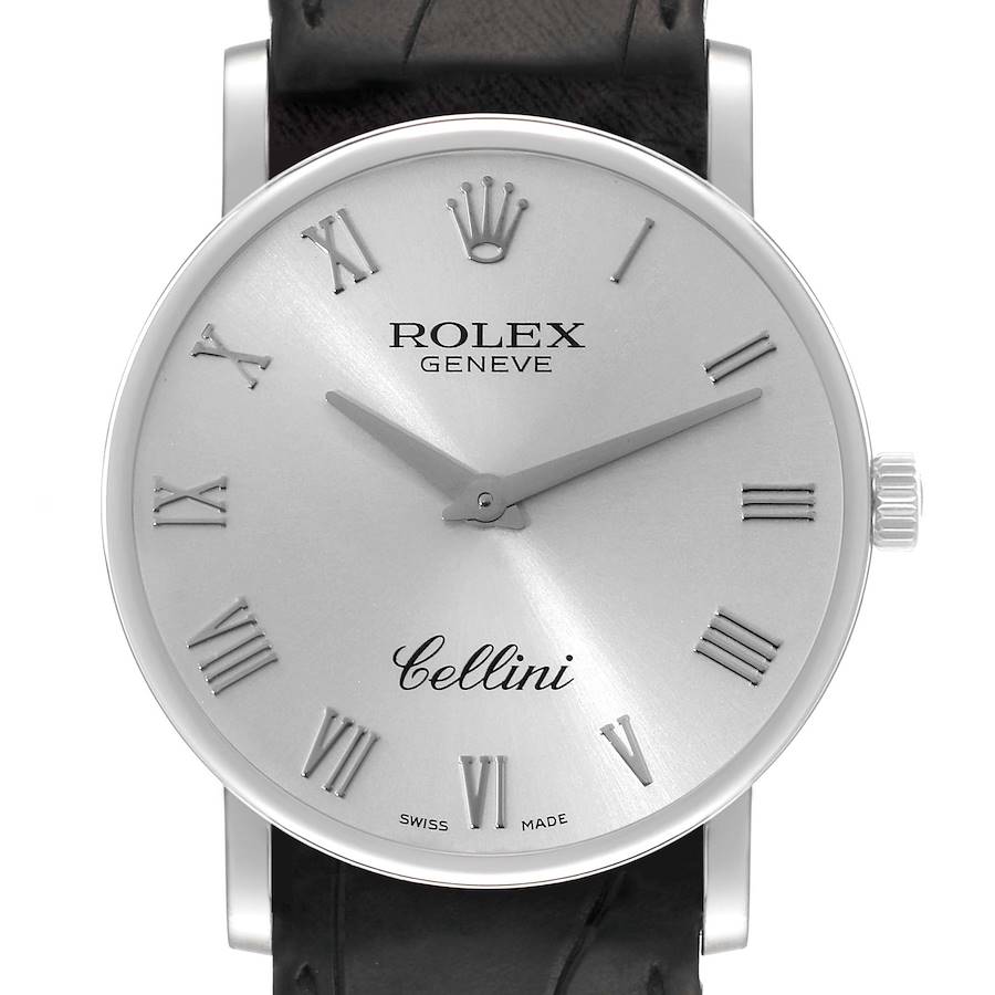 This Rolex Cellini watch is shown from a front angle, displaying its face, hands, and Roman numeral markers.