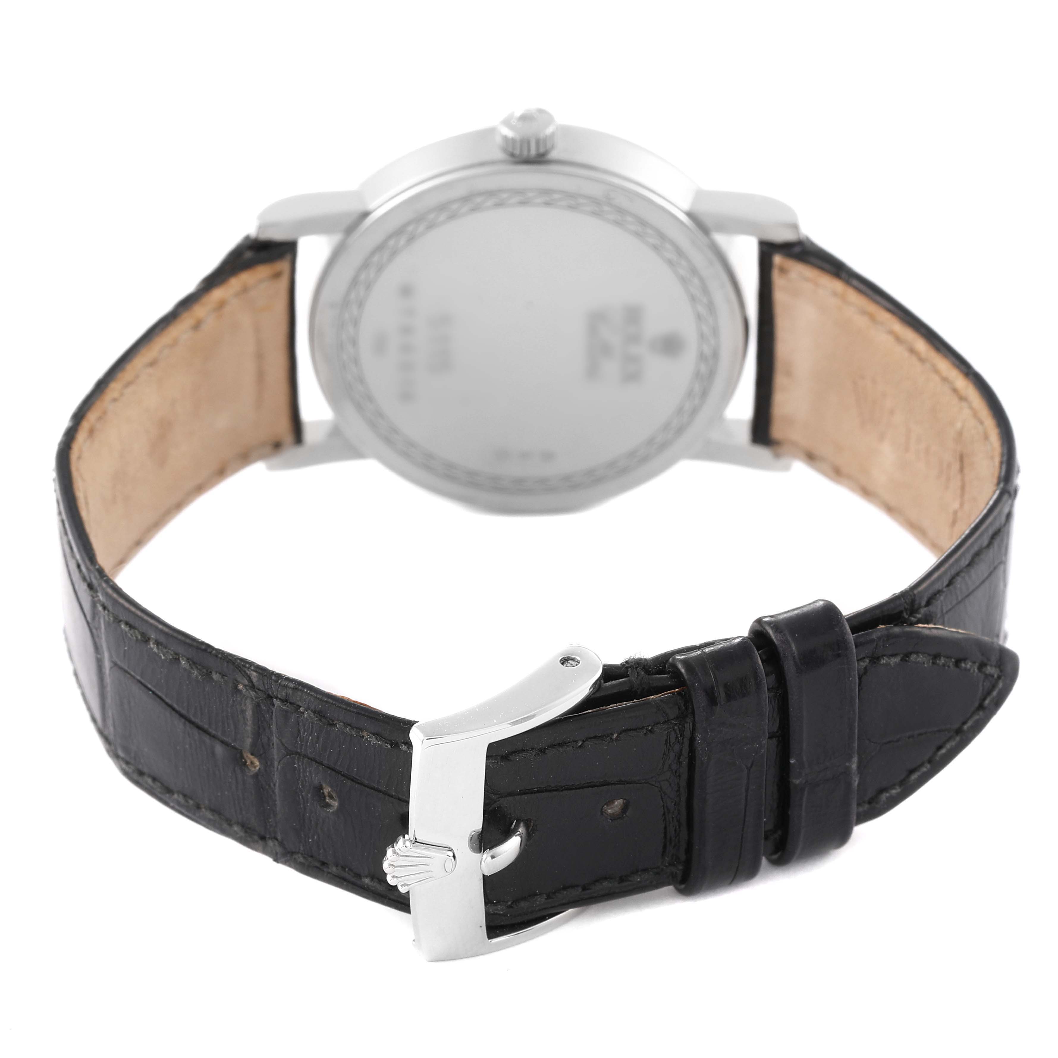 The image shows the back and strap of a Rolex Cellini 5115 Men's White Gold Silver Dial 5115 Men's White Gold Silver Dial watch, highlighting the clasp and leather details.