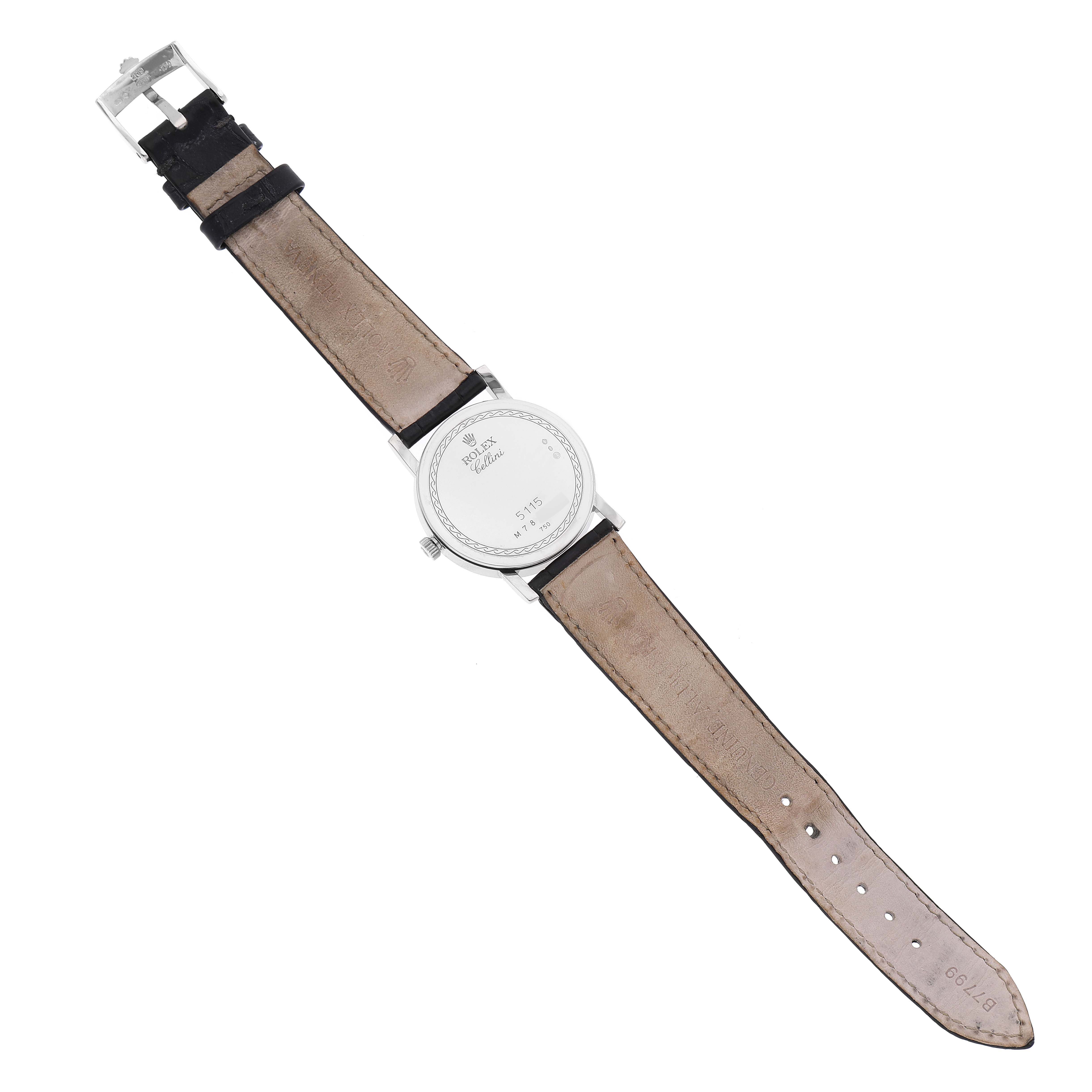 The image shows the back view of a Rolex Cellini 5115 Men's White Gold Silver Dial 5115 Men's White Gold Silver Dial watch with its leather strap fully unbuckled.