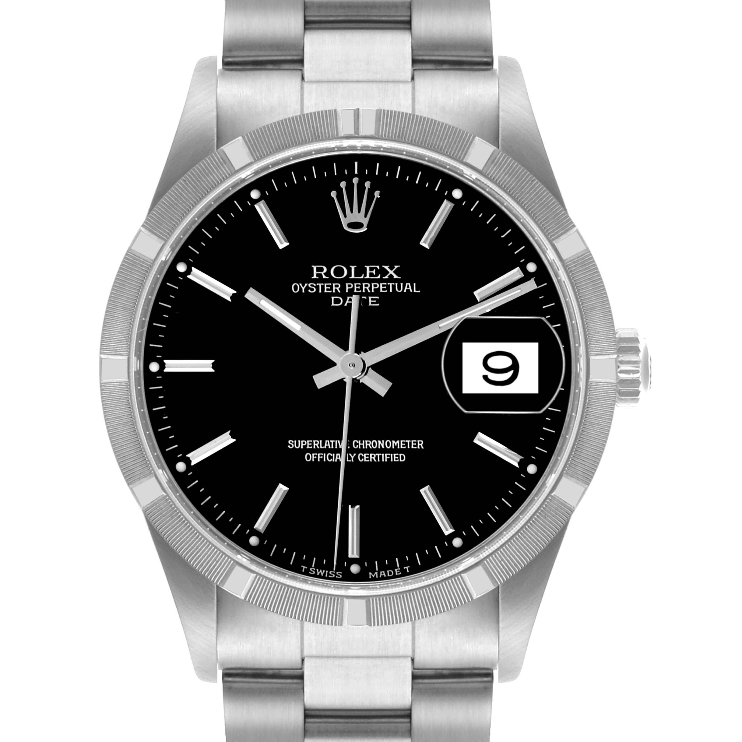 The image shows a frontal view of a Rolex Date 15210 Men
s Stainless Steel Black Dial 15210 Men
s Stainless Steel Black Dial model, highlighting the dial, bezel, crown, and bracelet.