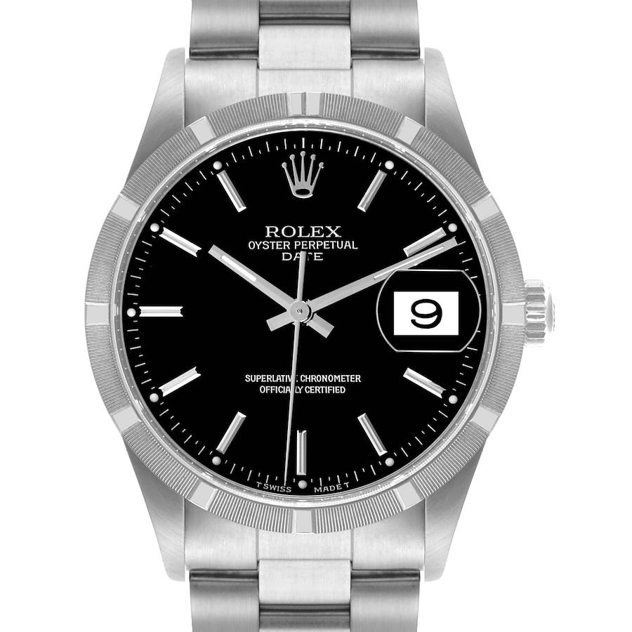 The image shows a frontal view of a Rolex Date model, highlighting the dial, bezel, crown, and bracelet.