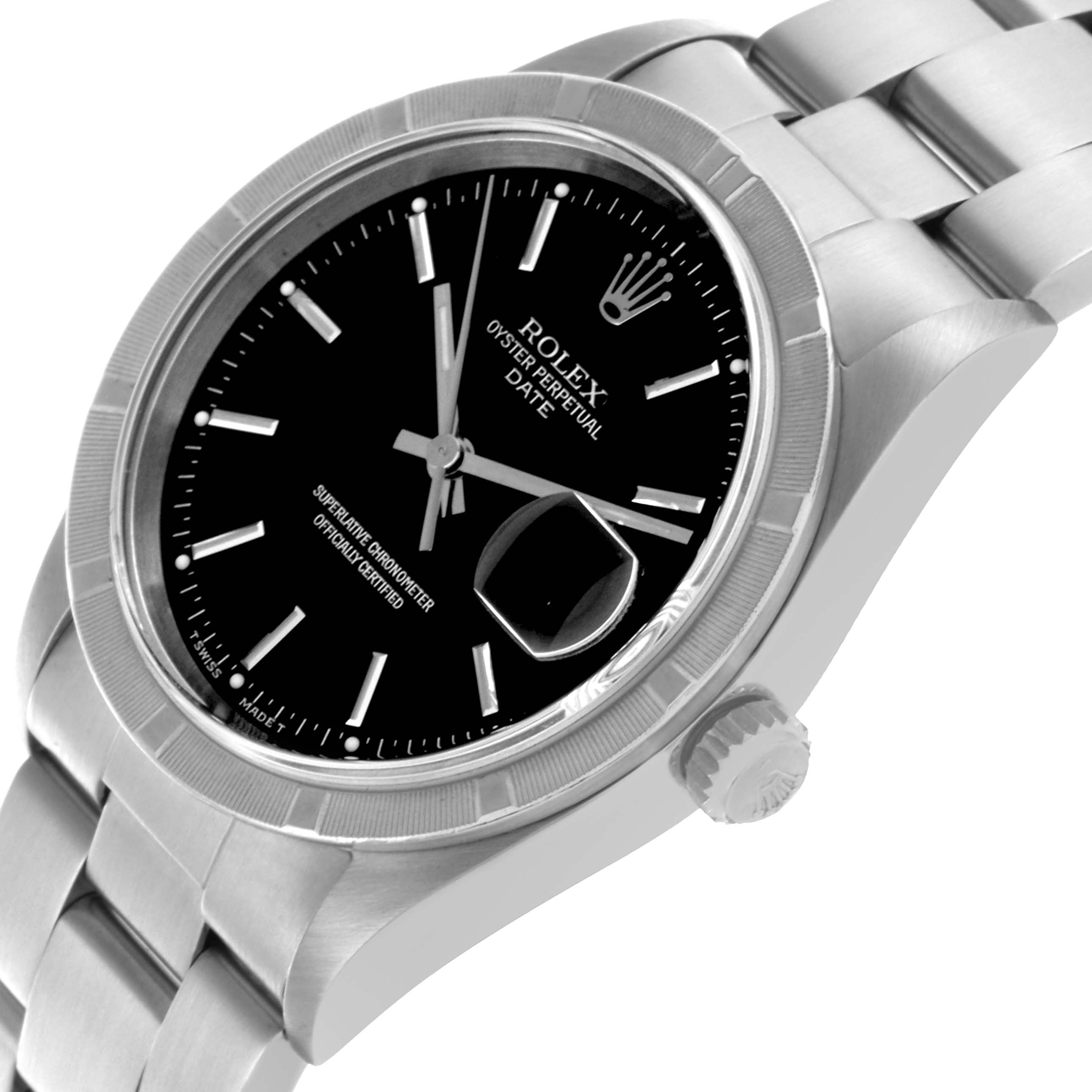 The Rolex Date 15210 Men
s Stainless Steel Black Dial 15210 Men
s Stainless Steel Black Dial model is shown from a side angle, highlighting the bezel, crown, and bracelet.