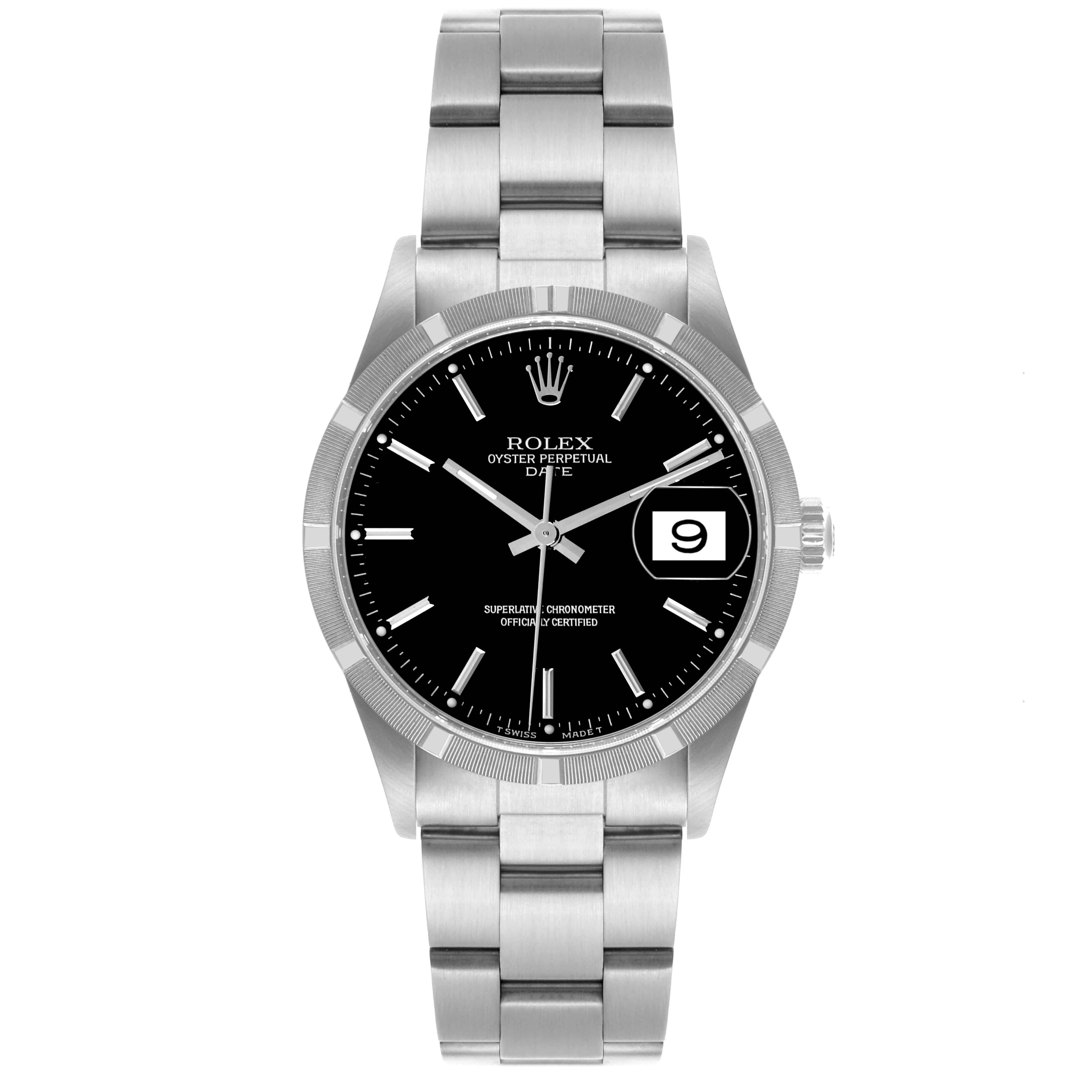 The Rolex Date 15210 Men
s Stainless Steel Black Dial 15210 Men
s Stainless Steel Black Dial watch is shown from the front, displaying its dial, bezel, and bracelet.