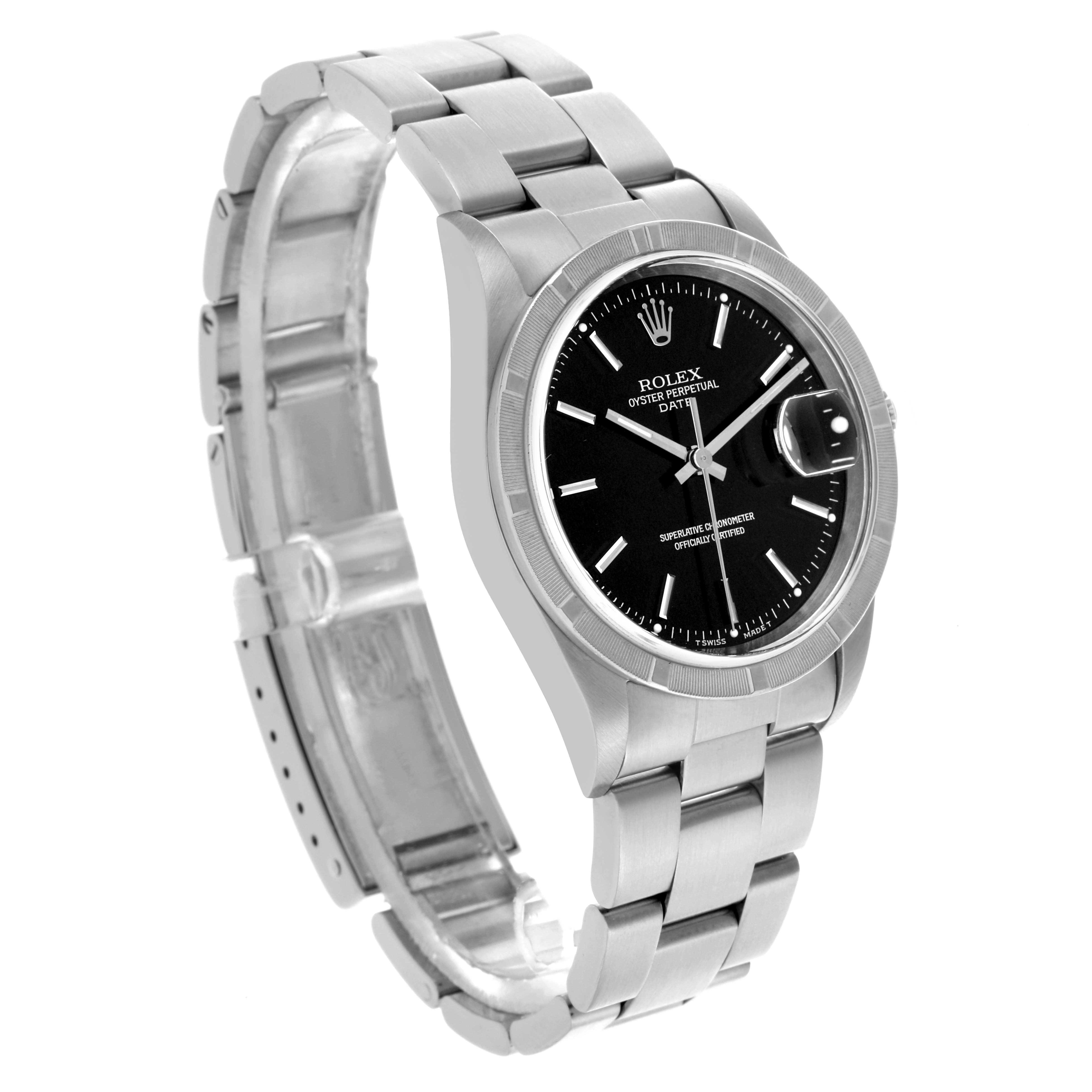 The Rolex Date 15210 Men
s Stainless Steel Black Dial 15210 Men
s Stainless Steel Black Dial model watch is shown at a slight angle, highlighting the bracelet, bezel, and black dial with cyclops lens.