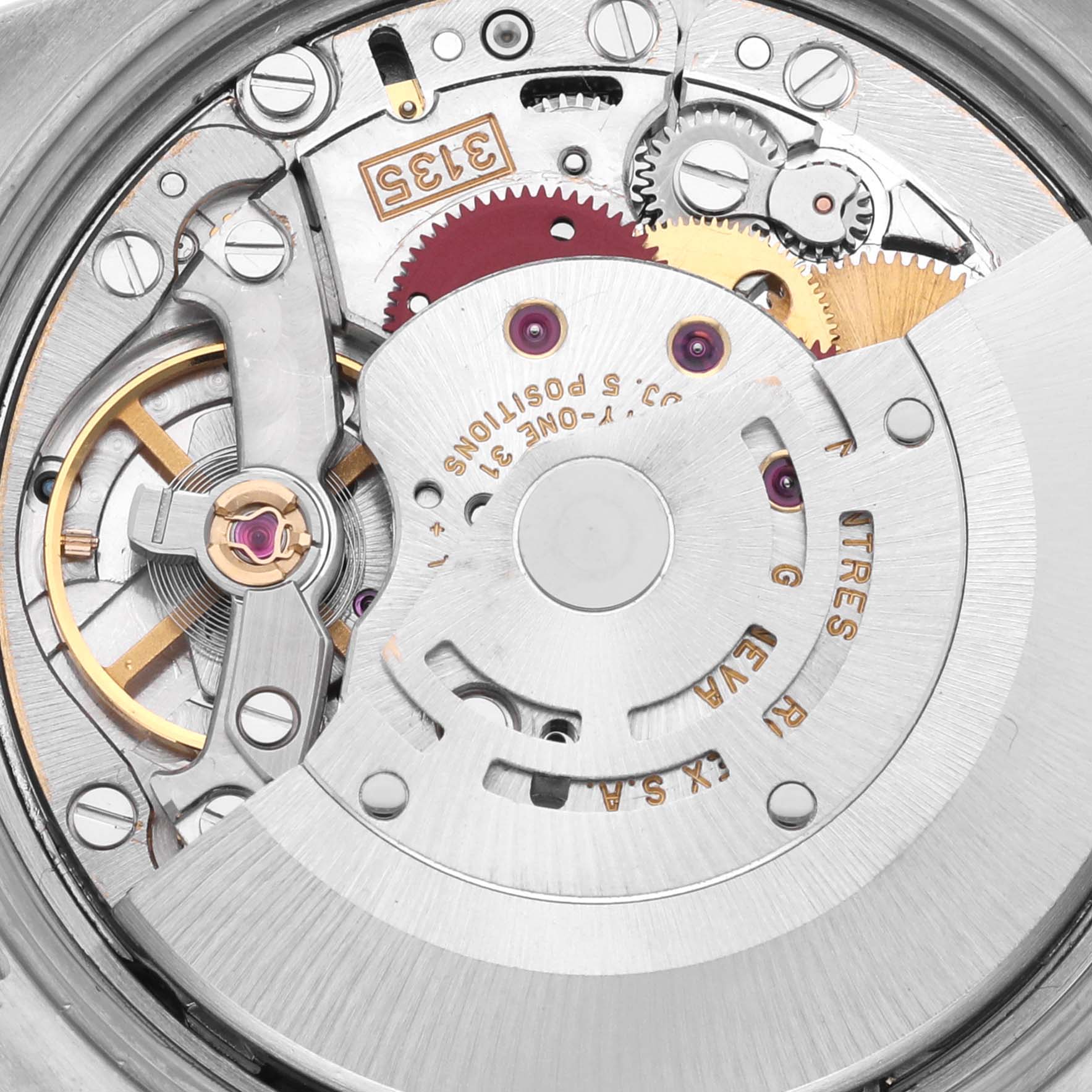 The image shows the intricate movement mechanism of a Rolex Date 15210 Men
s Stainless Steel Black Dial 15210 Men
s Stainless Steel Black Dial watch, highlighting gears and the rotor.