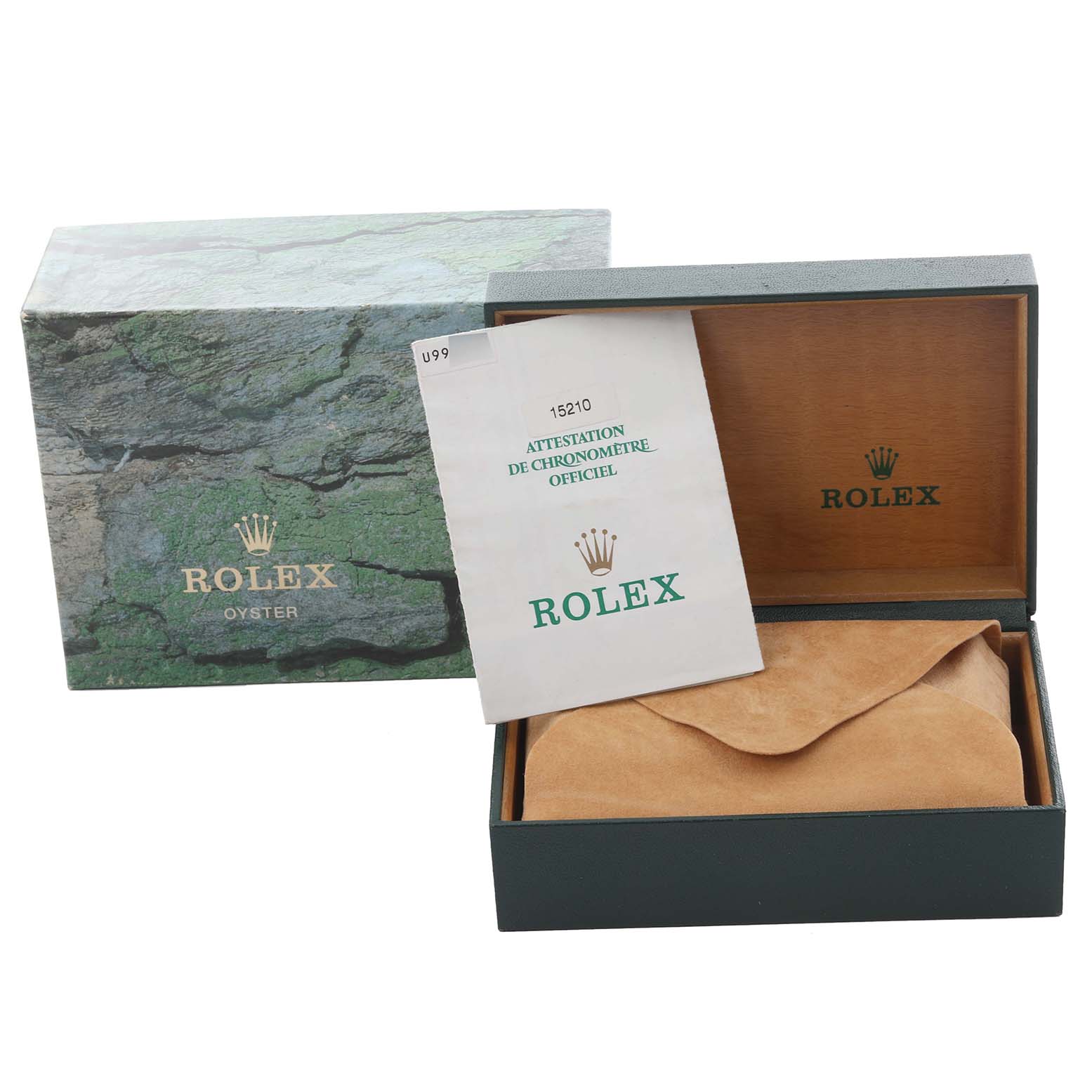 The image shows a Rolex Date 15210 Men
s Stainless Steel Black Dial 15210 Men
s Stainless Steel Black Dial model box, certificate, and a suede pouch, seen from the front.