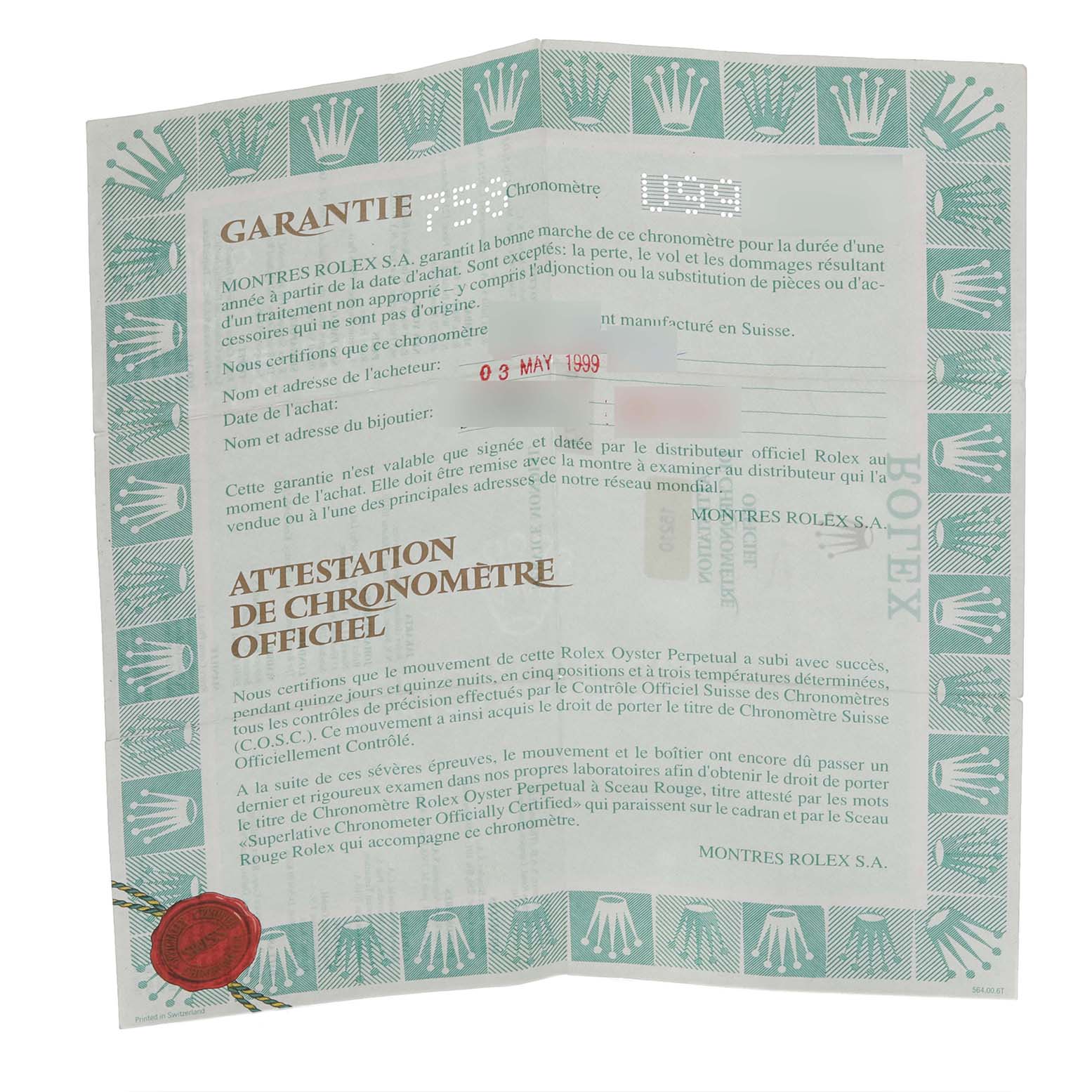 The image shows a warranty and chronometer certificate for a Rolex Date 15210 Men
s Stainless Steel Black Dial 15210 Men
s Stainless Steel Black Dial model, featuring text and branding.