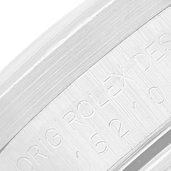 This close-up image shows the engraved inner bezel of the Rolex Date 15210 Men
s Stainless Steel Silver Dial 15210 Men
s Stainless Steel Silver Dial model watch.