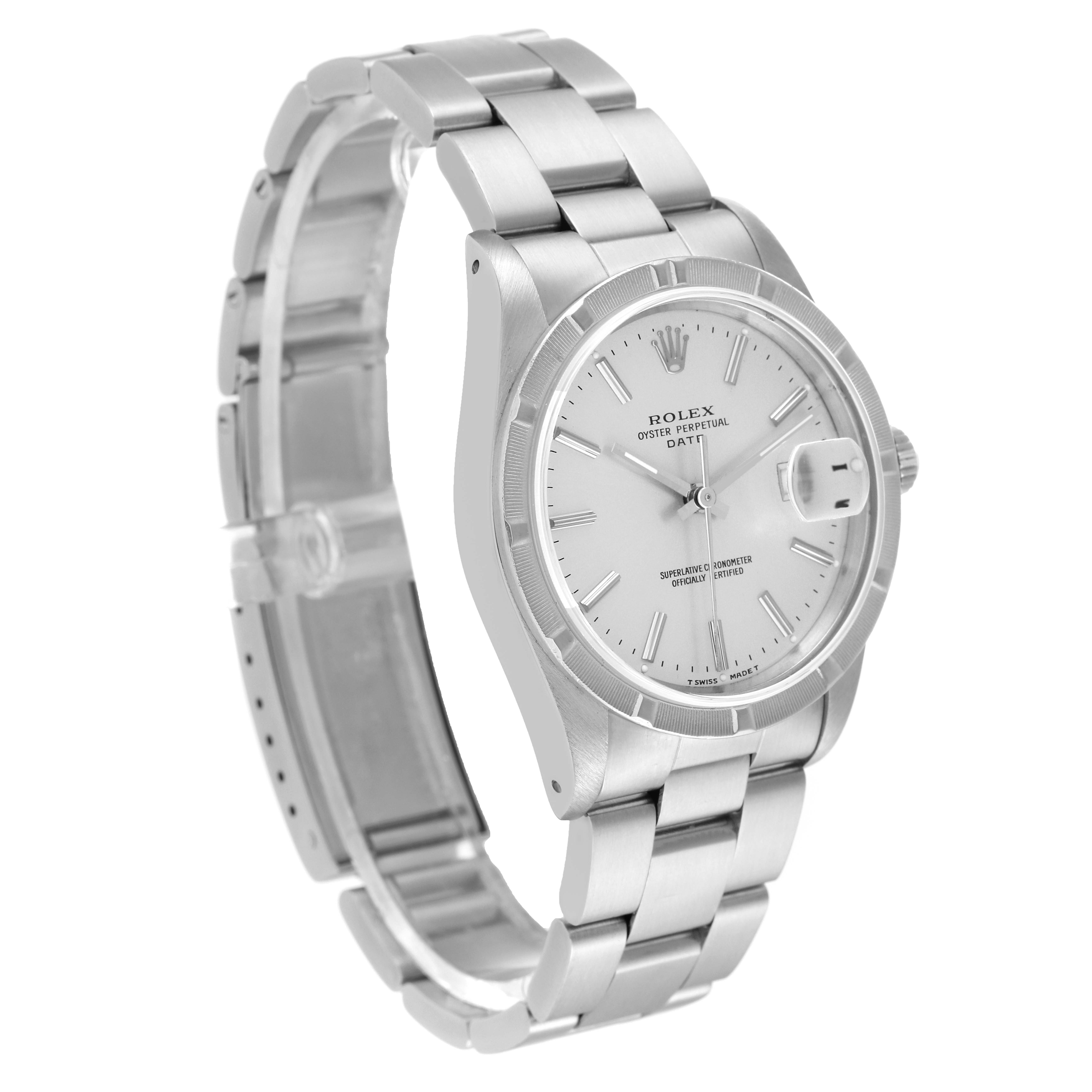 The image shows a side-angle view of a Rolex Date 15210 Men
s Stainless Steel Silver Dial 15210 Men
s Stainless Steel Silver Dial model watch, highlighting its face, bracelet, and clasp.