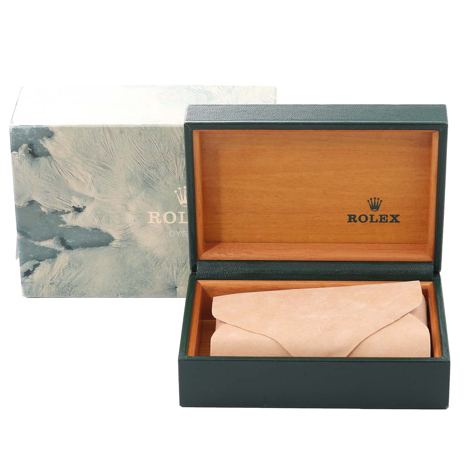 The image shows a Rolex Date 15210 Men
s Stainless Steel Silver Dial 15210 Men
s Stainless Steel Silver Dial watch box, both the outer decorative packaging and the inner wooden compartment with the watch cushion.