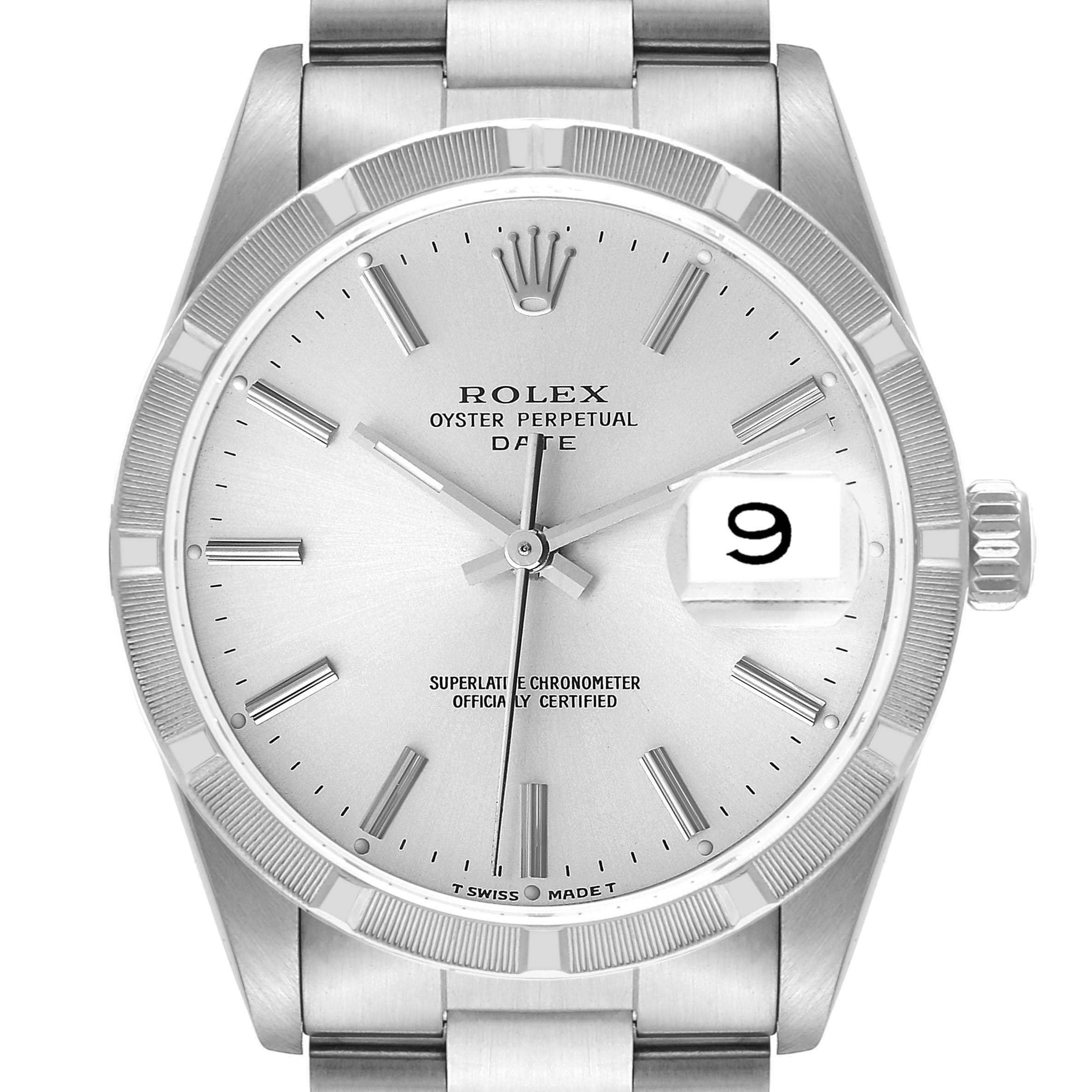 The image shows a front view of the Rolex Oyster Perpetual Date watch, displaying the dial, hands, date window, and part of the bracelet.