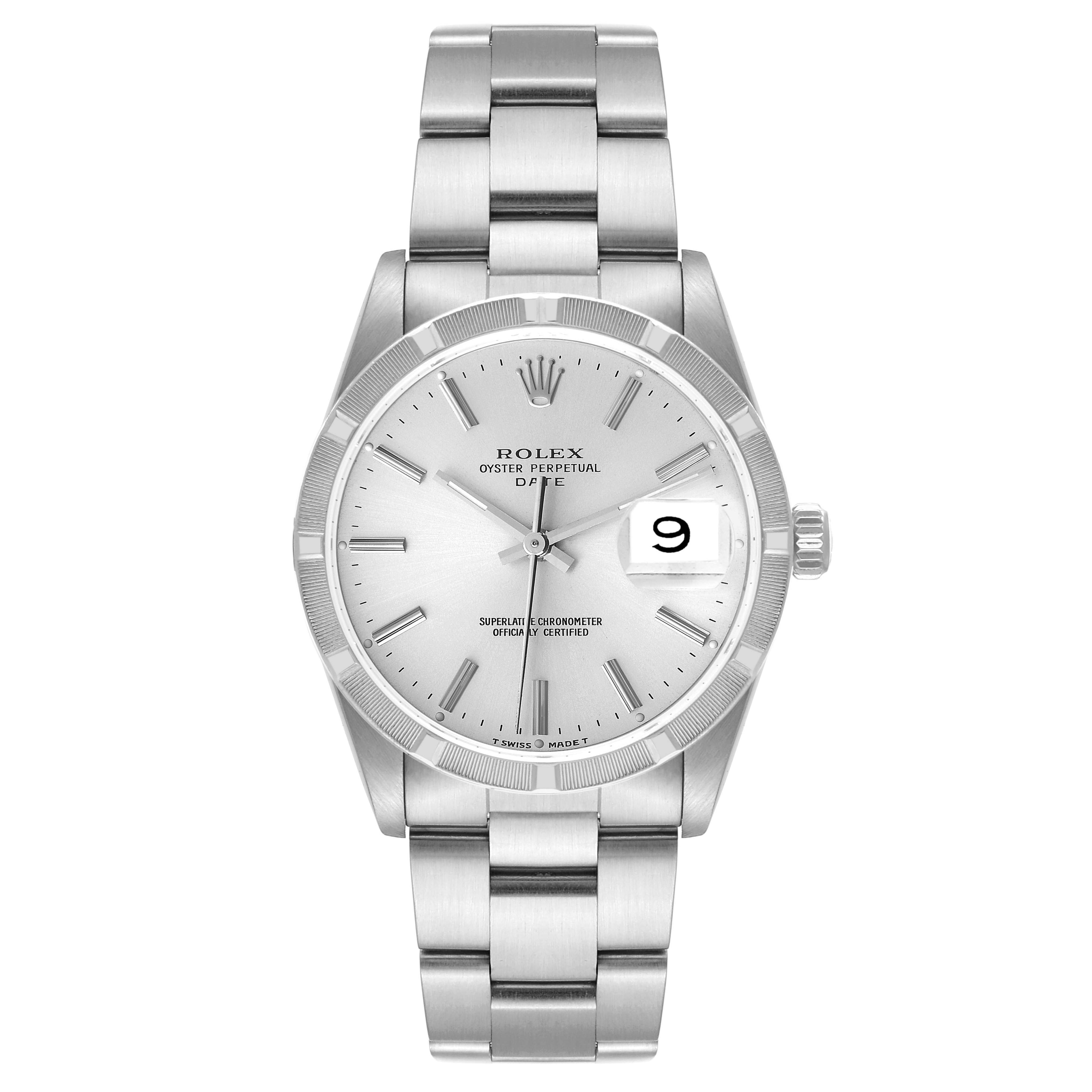 The image shows a front view of the Rolex Date 15210 Men
s Stainless Steel Silver Dial 15210 Men
s Stainless Steel Silver Dial model, featuring its dial, bezel, crown, and stainless steel bracelet.