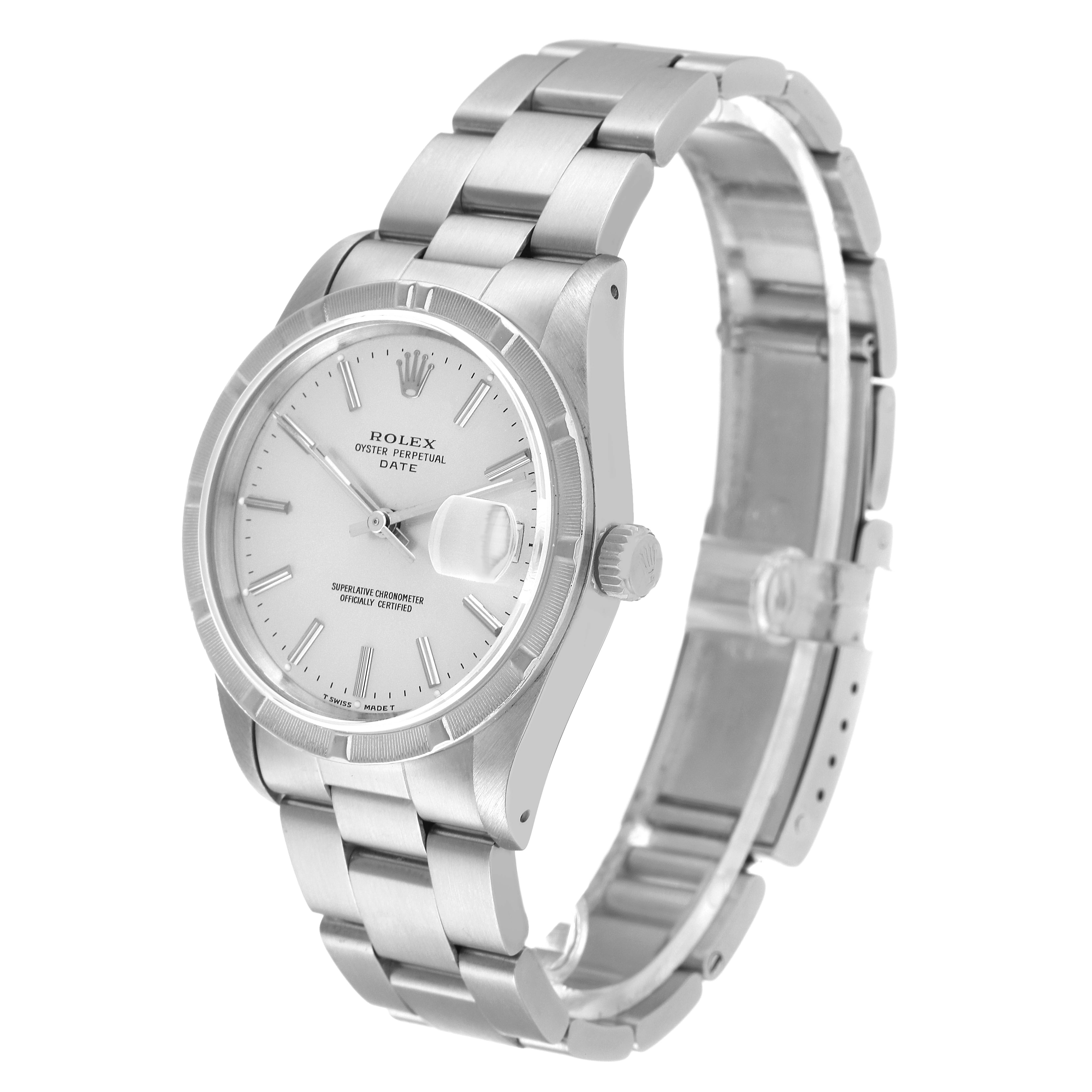 This image shows a side angle of the Rolex Date 15210 Men
s Stainless Steel Silver Dial 15210 Men
s Stainless Steel Silver Dial model watch, highlighting its dial, bracelet, and crown.