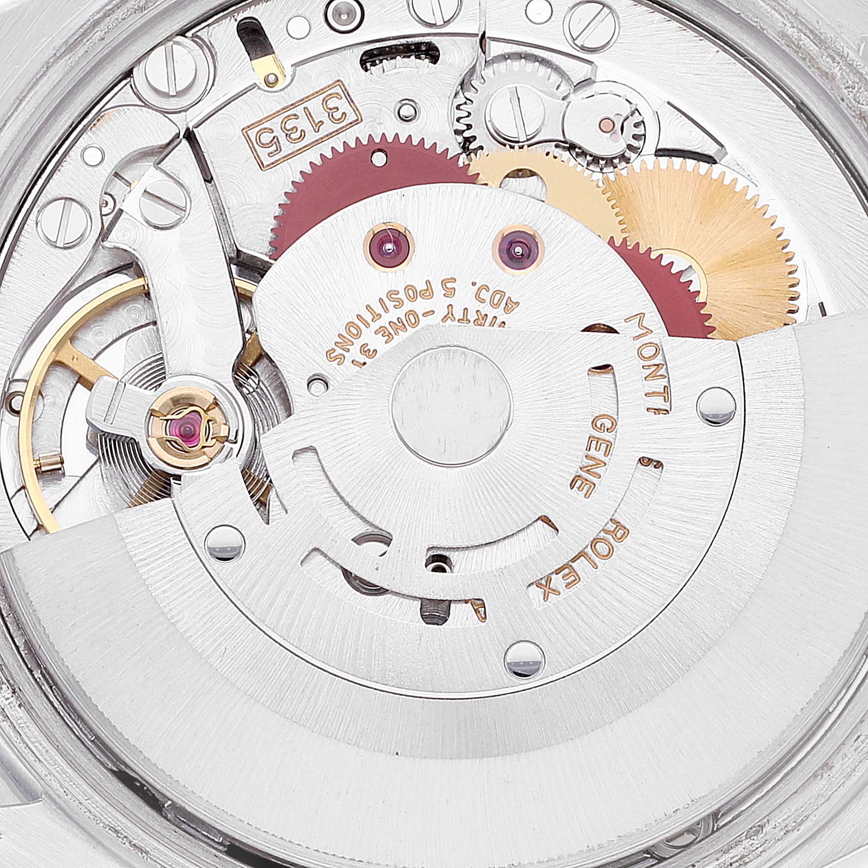 This is a close-up view of the movement mechanism of a Rolex Date 15210 Men
s Stainless Steel Silver Dial 15210 Men
s Stainless Steel Silver Dial model watch, showcasing gears and intricate components.