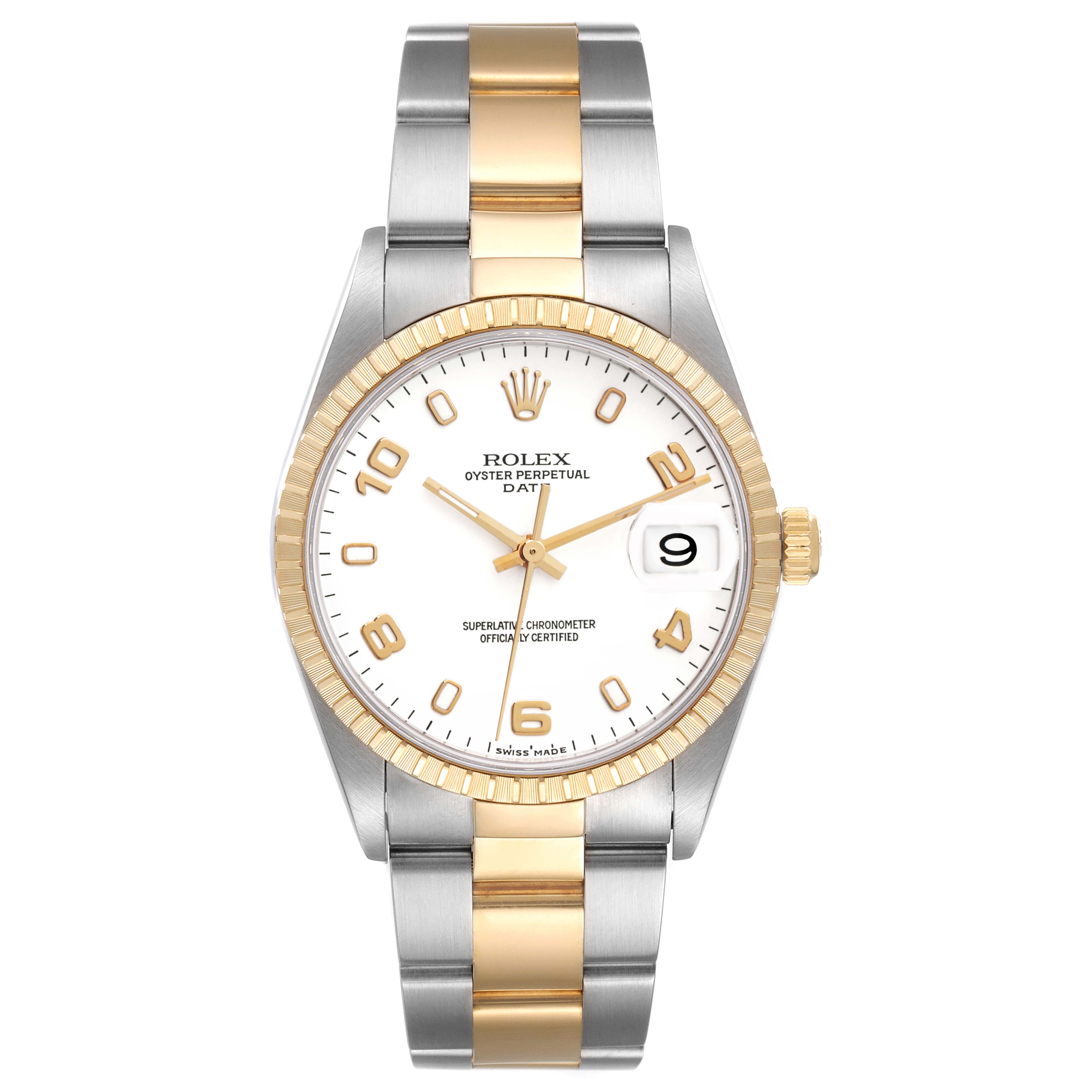 The Rolex Date 15223 Men
s Steel and Gold (two tone) White Dial 15223 Men
s Steel and Gold (two tone) White Dial model is shown in a frontal view, displaying its white dial, gold hour markers, and two-tone bracelet.