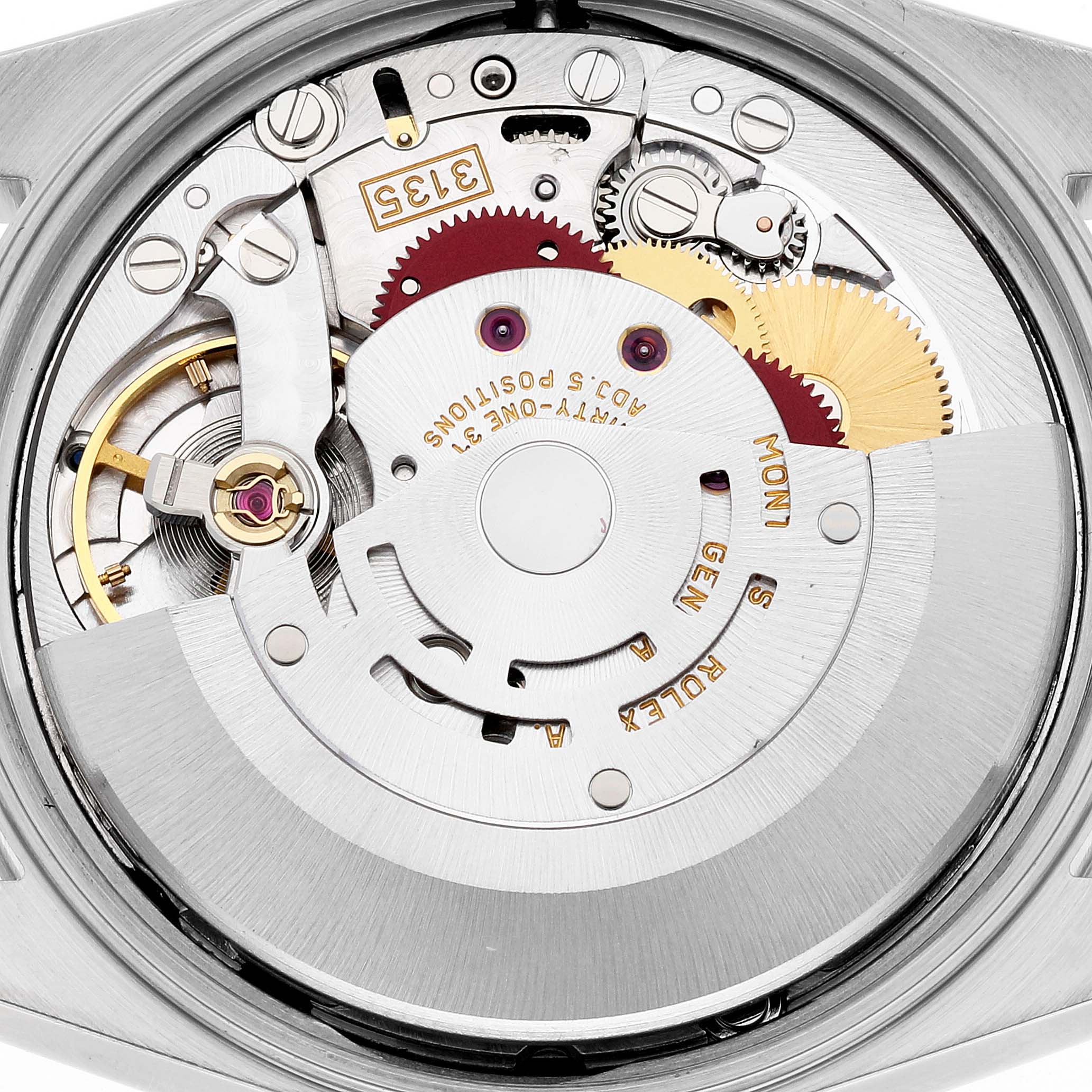 The image shows the movement mechanism of a Rolex Date 15223 Men
s Steel and Gold (two tone) White Dial 15223 Men
s Steel and Gold (two tone) White Dial model watch from a rear or caseback angle.