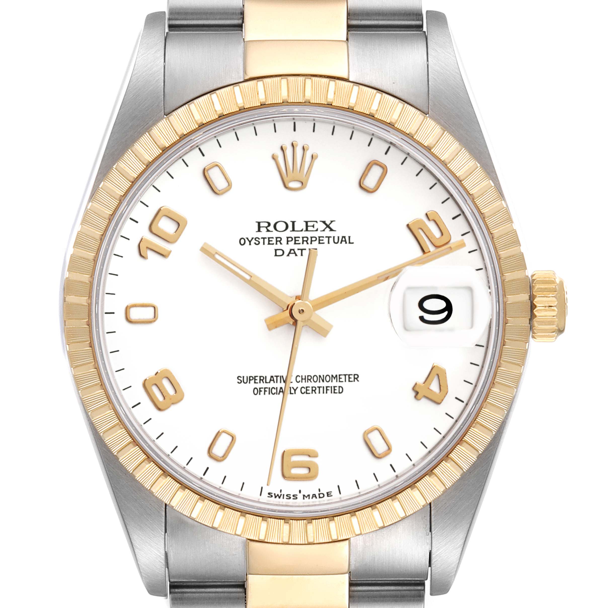 This image shows a front view of a Rolex Oyster Perpetual Date watch, highlighting the dial, bezel, crown, and part of the bracelet.