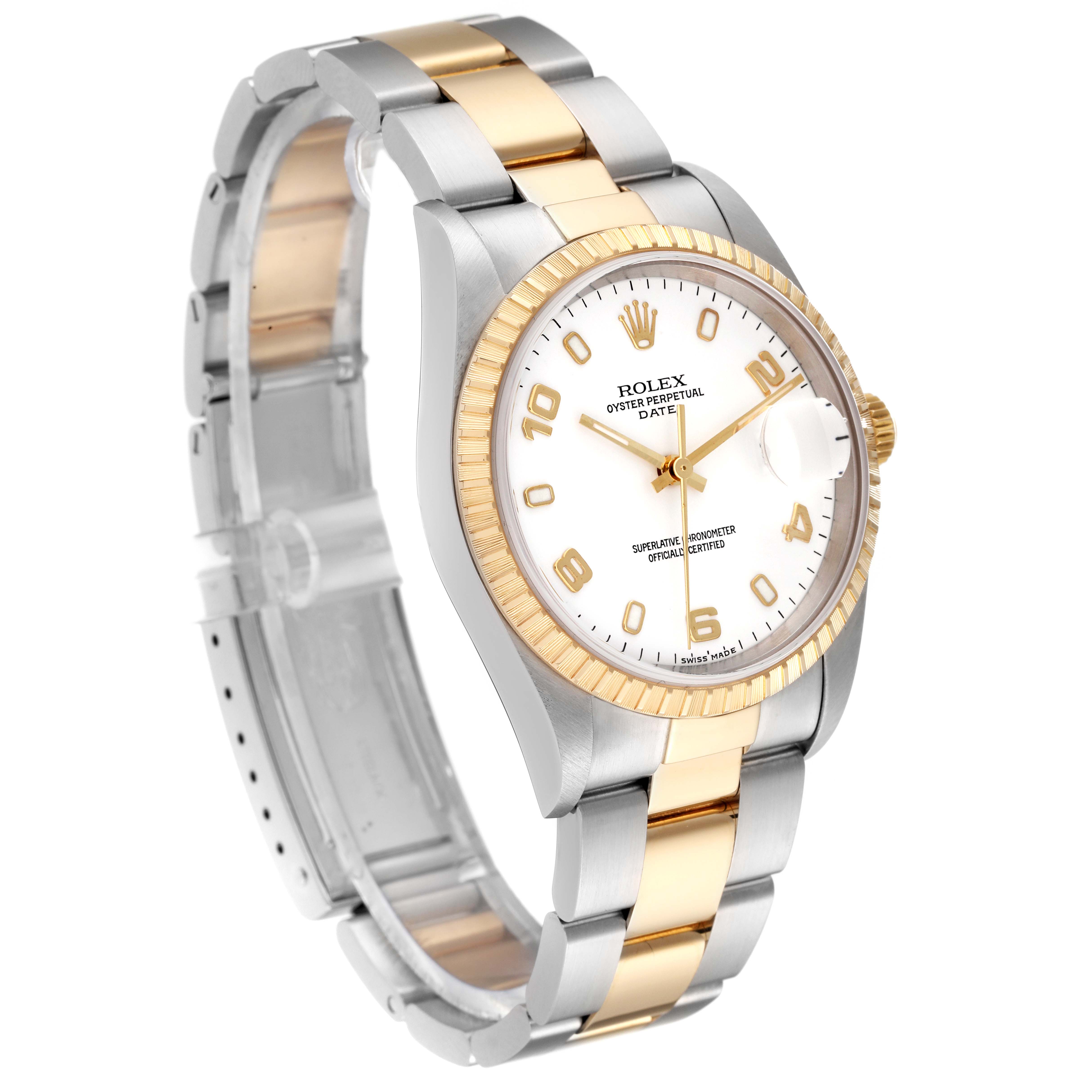 This image shows a Rolex Date 15223 Men
s Steel and Gold (two tone) White Dial 15223 Men
s Steel and Gold (two tone) White Dial model watch at a slight angle, highlighting the dial, bezel, and two-tone bracelet.
