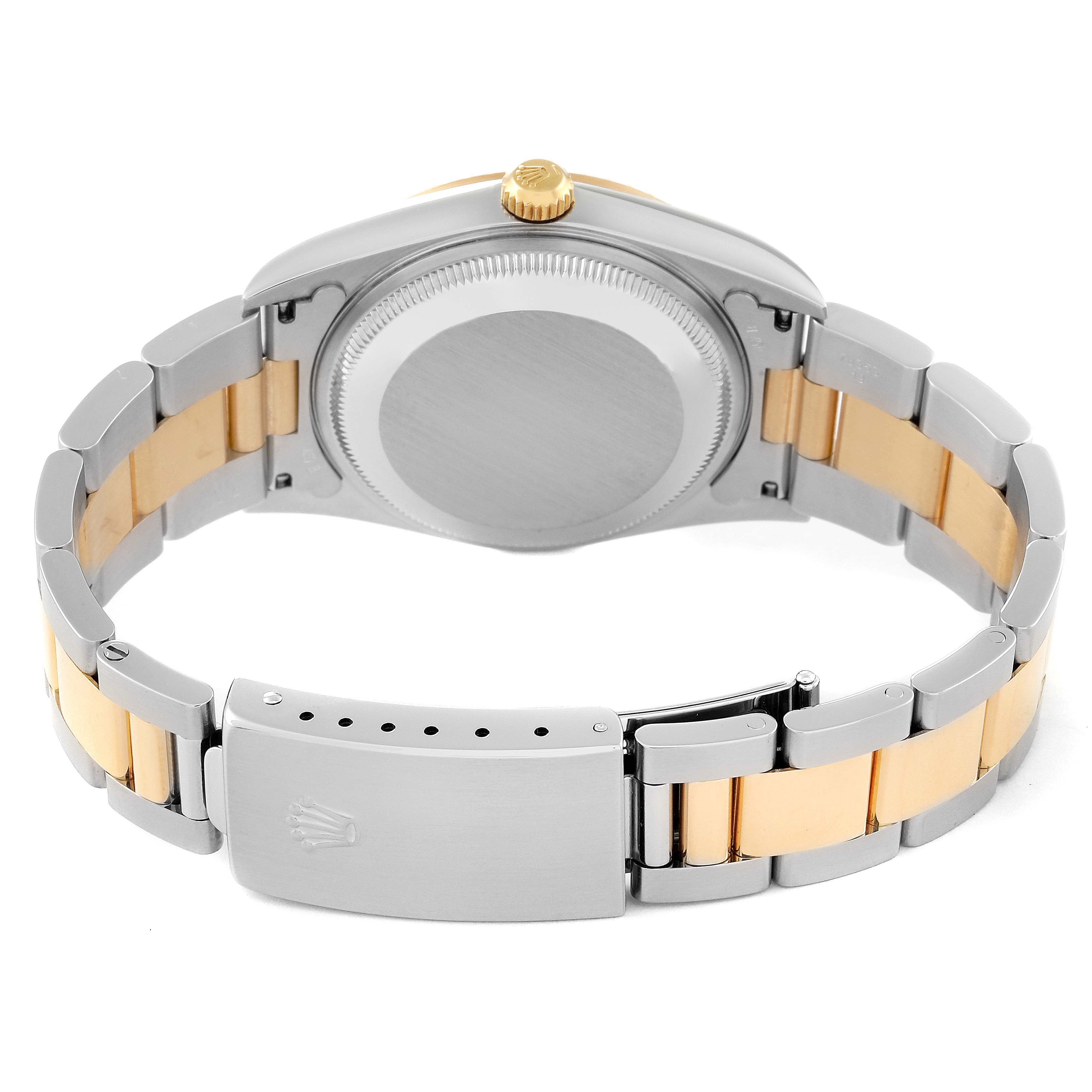 The image shows the back view of a Rolex Date 15223 Men
s Steel and Gold (two tone) White Dial 15223 Men
s Steel and Gold (two tone) White Dial model, featuring the case back, bracelet, and deployment clasp.