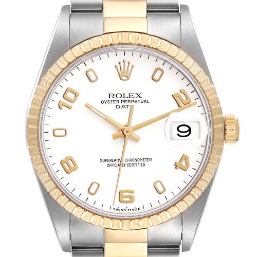 Photo of Rolex Date Steel Yellow Gold White Dial Mens Watch 15223