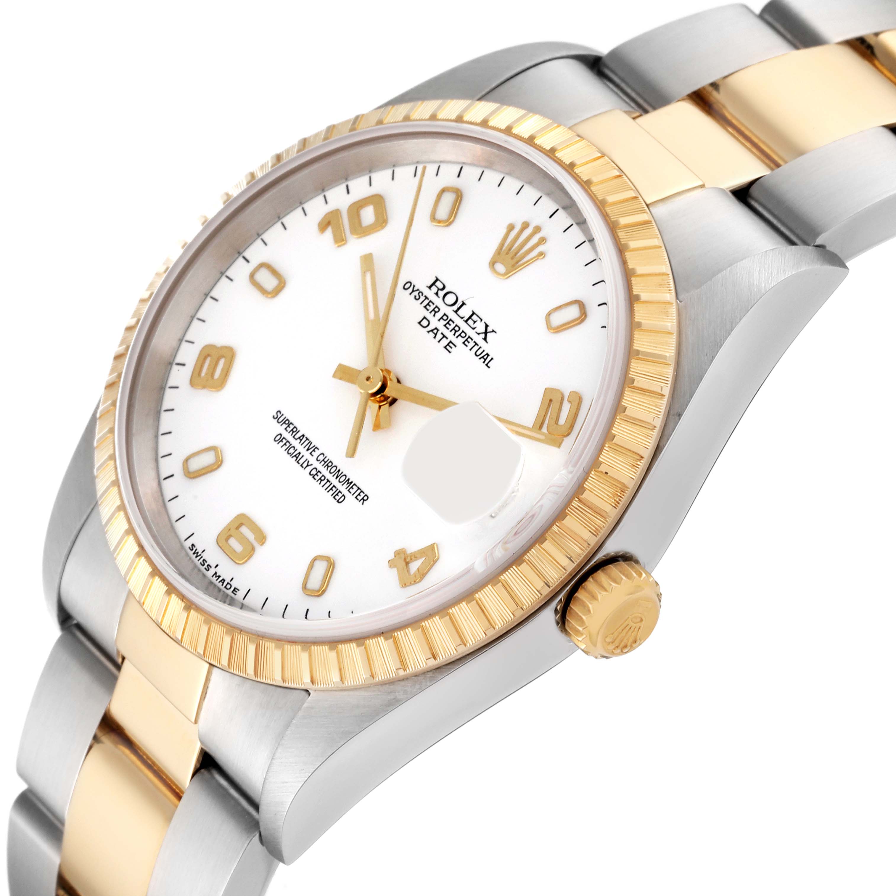 The image shows a side angle of a Rolex Oyster Perpetual Date watch, highlighting the bezel, dial, crown, and part of the bracelet.
