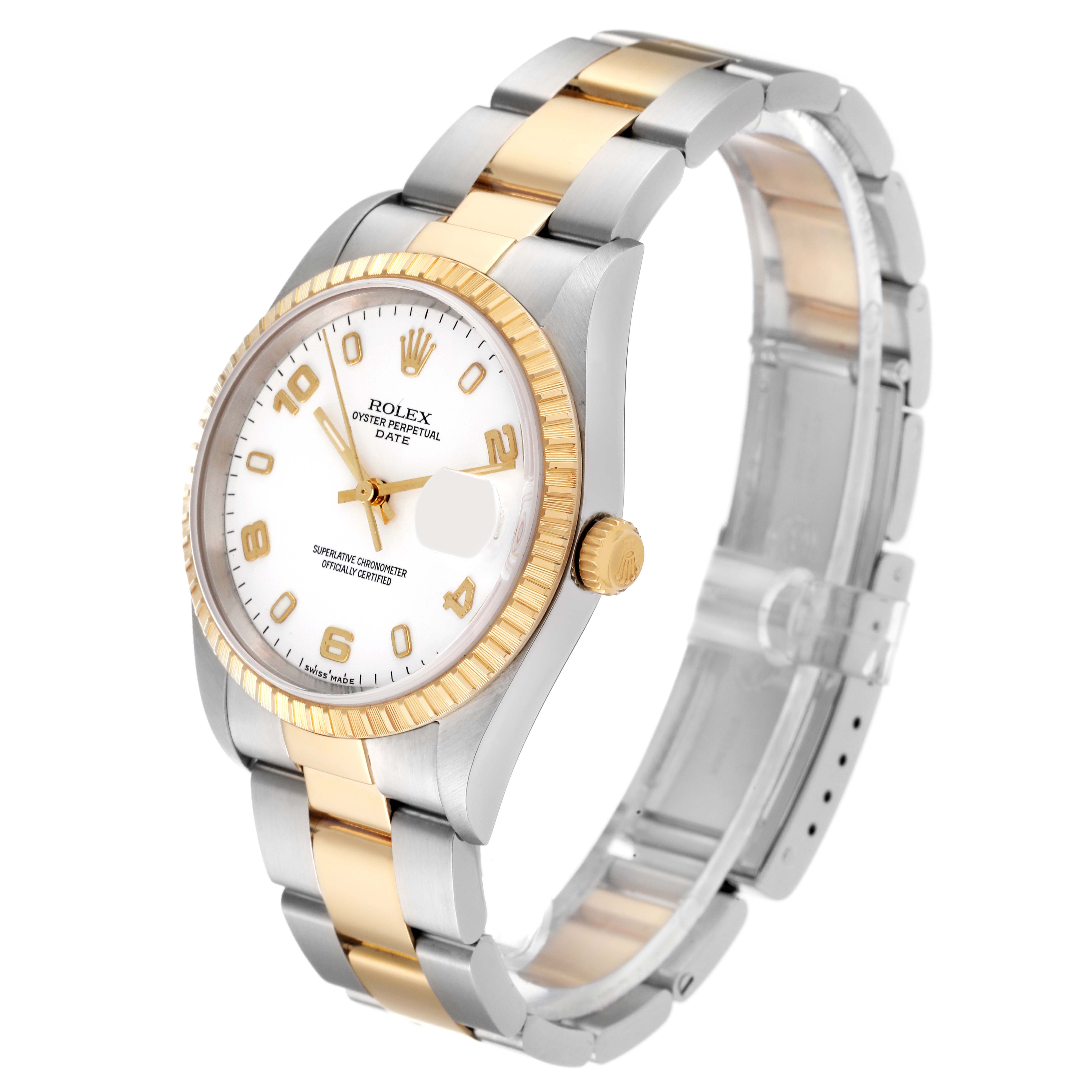 The image shows a Rolex Date 15223 Men
s Steel and Gold (two tone) White Dial 15223 Men
s Steel and Gold (two tone) White Dial model watch angled to display the face, bezel, crown, and bracelet.
