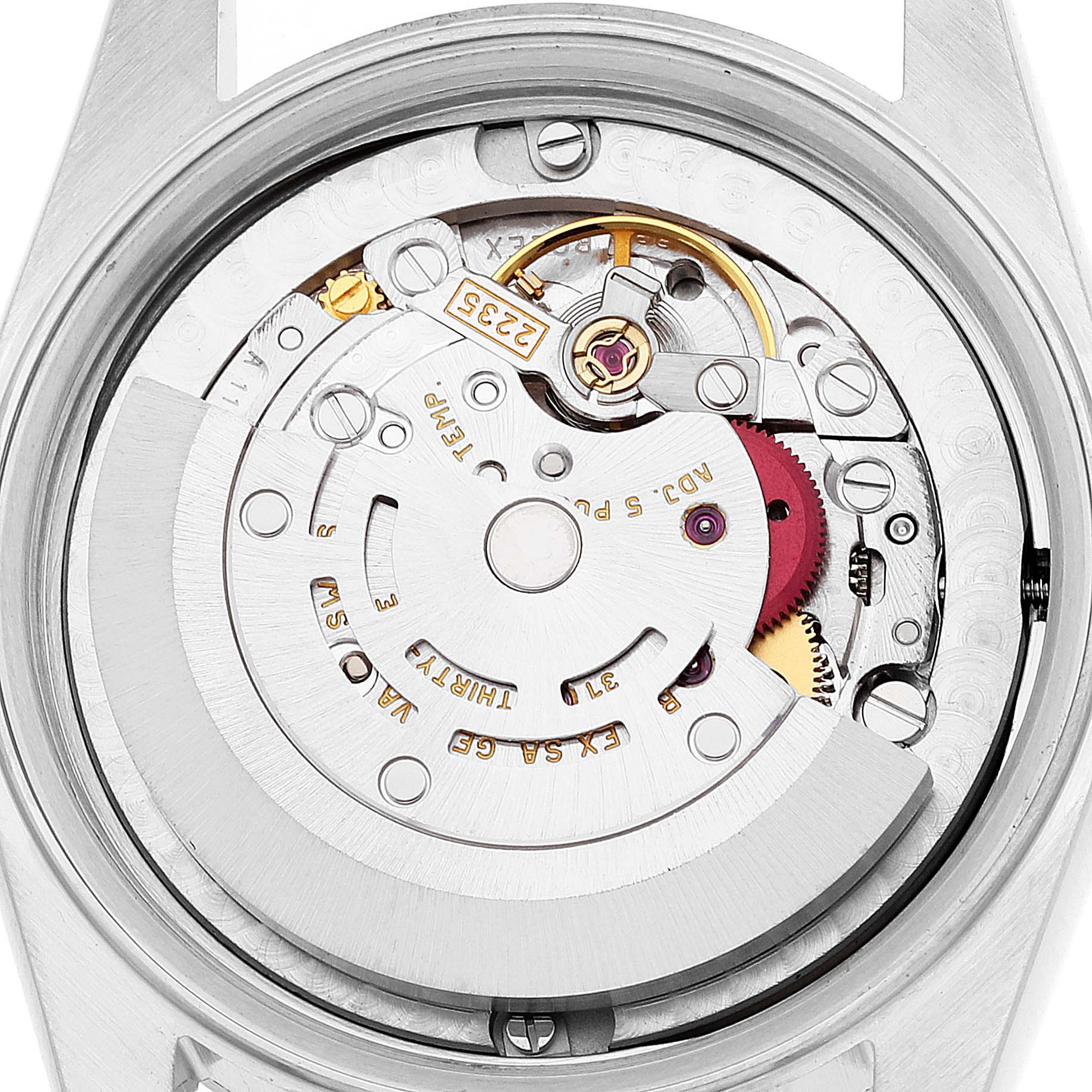 This image shows the back view of the internal mechanical movement of a Mid-Size Rolex watch.