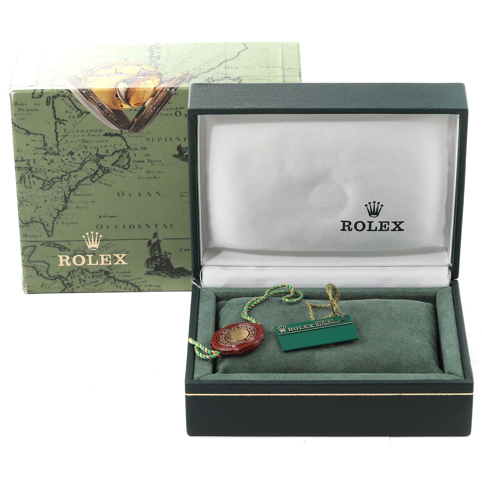 The image shows an empty Rolex Mid-Size 78240 Women
s Stainless Steel White Dial 78240 Women
s Stainless Steel White Dial watch box with tags, presented from a front angle.