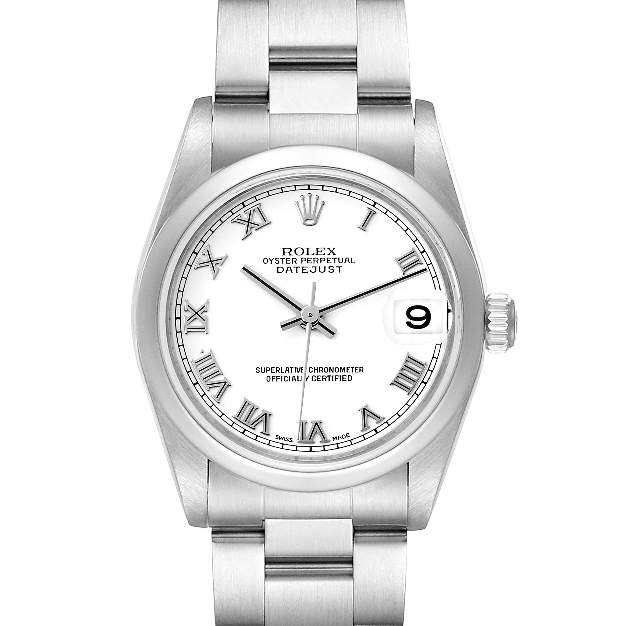This image shows a front view of a Rolex Mid-Size 78240 Women
s Stainless Steel White Dial 78240 Women
s Stainless Steel White Dial Datejust, featuring its white dial, Roman numerals, date display, and metal bracelet.