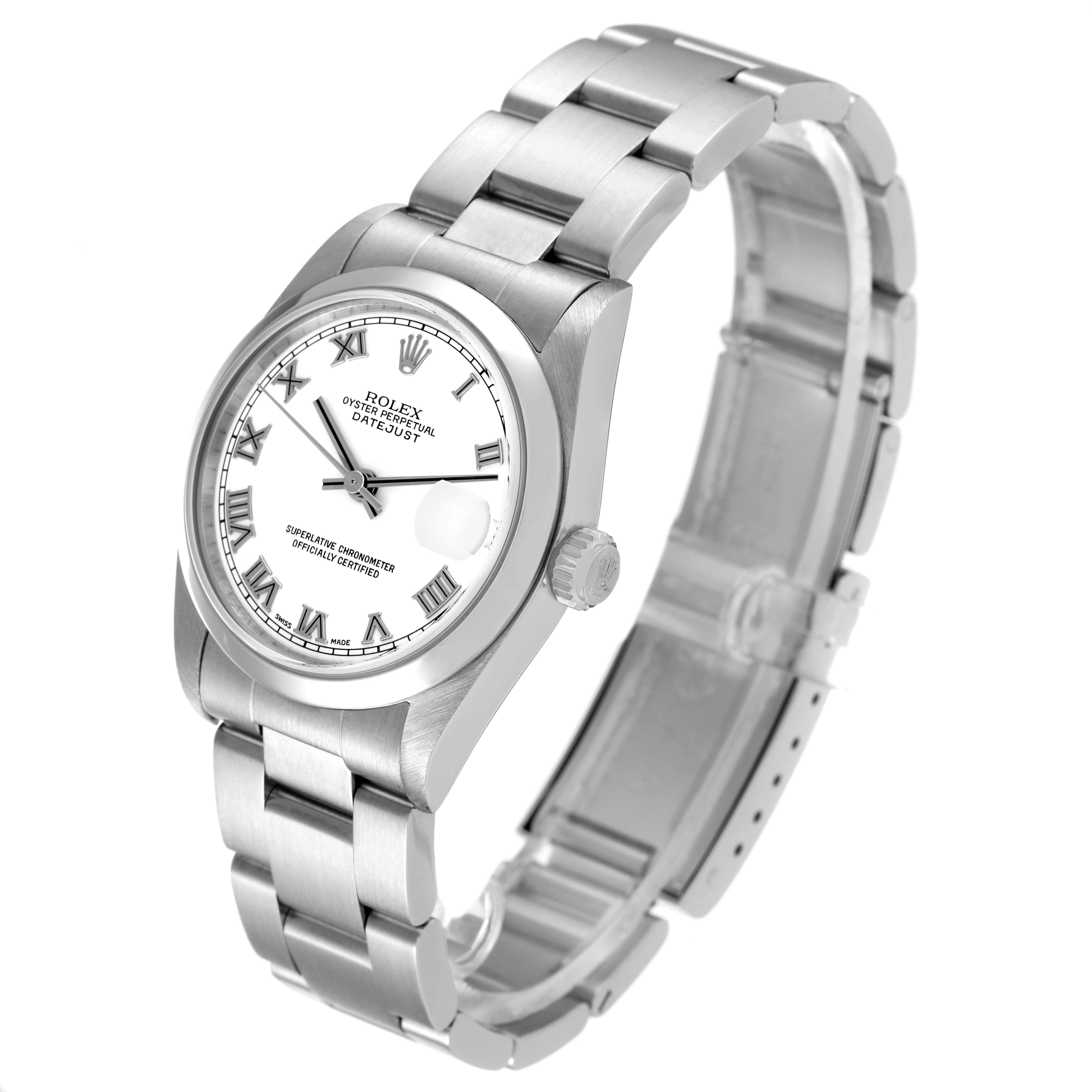 This image shows a side angle view of the Rolex Datejust Mid-Size watch, displaying the watch
s face, bezel, bracelet, and clasp.