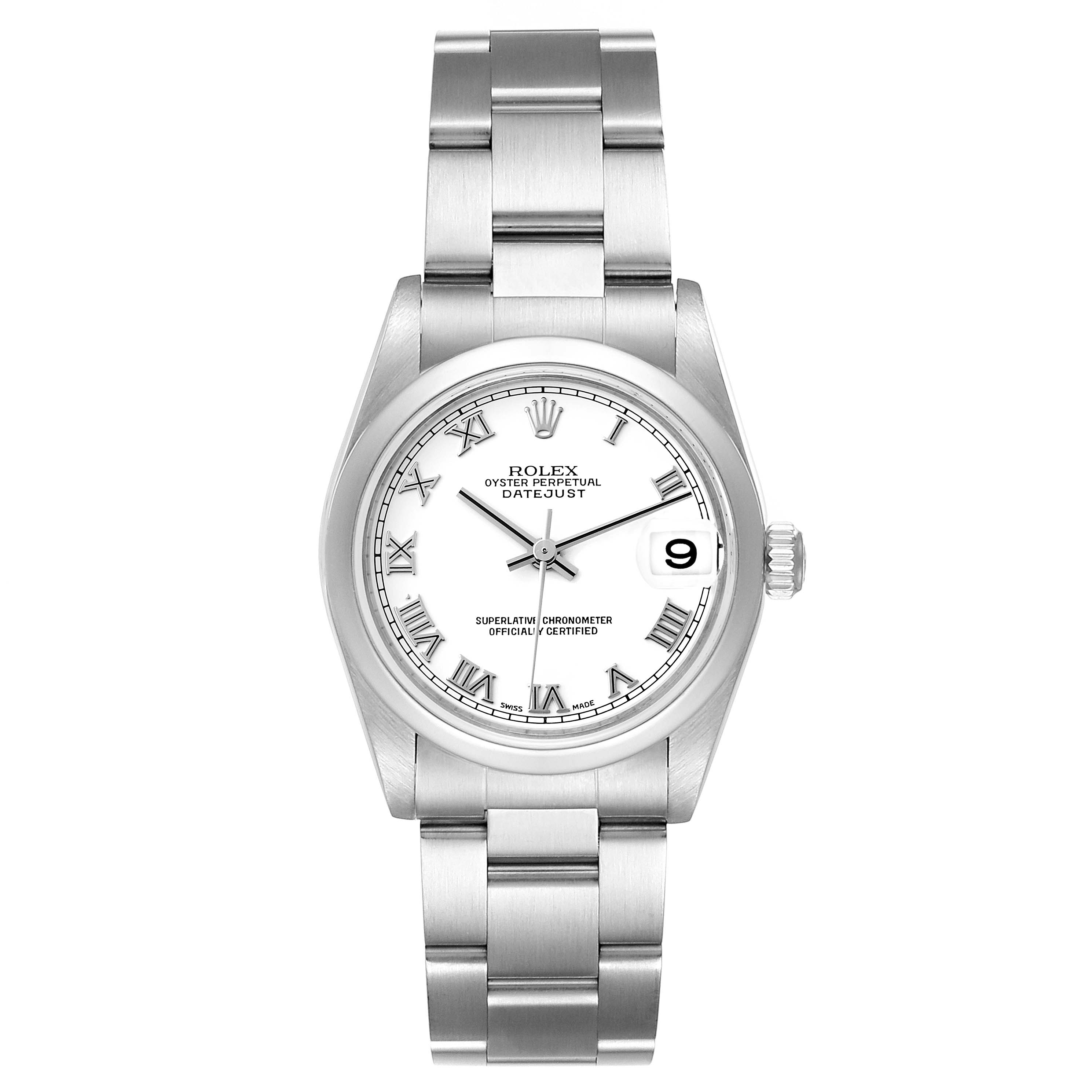 The image shows a front view of a Mid-Size Rolex Oyster Perpetual Datejust watch, featuring a steel bracelet and a white dial with Roman numerals.