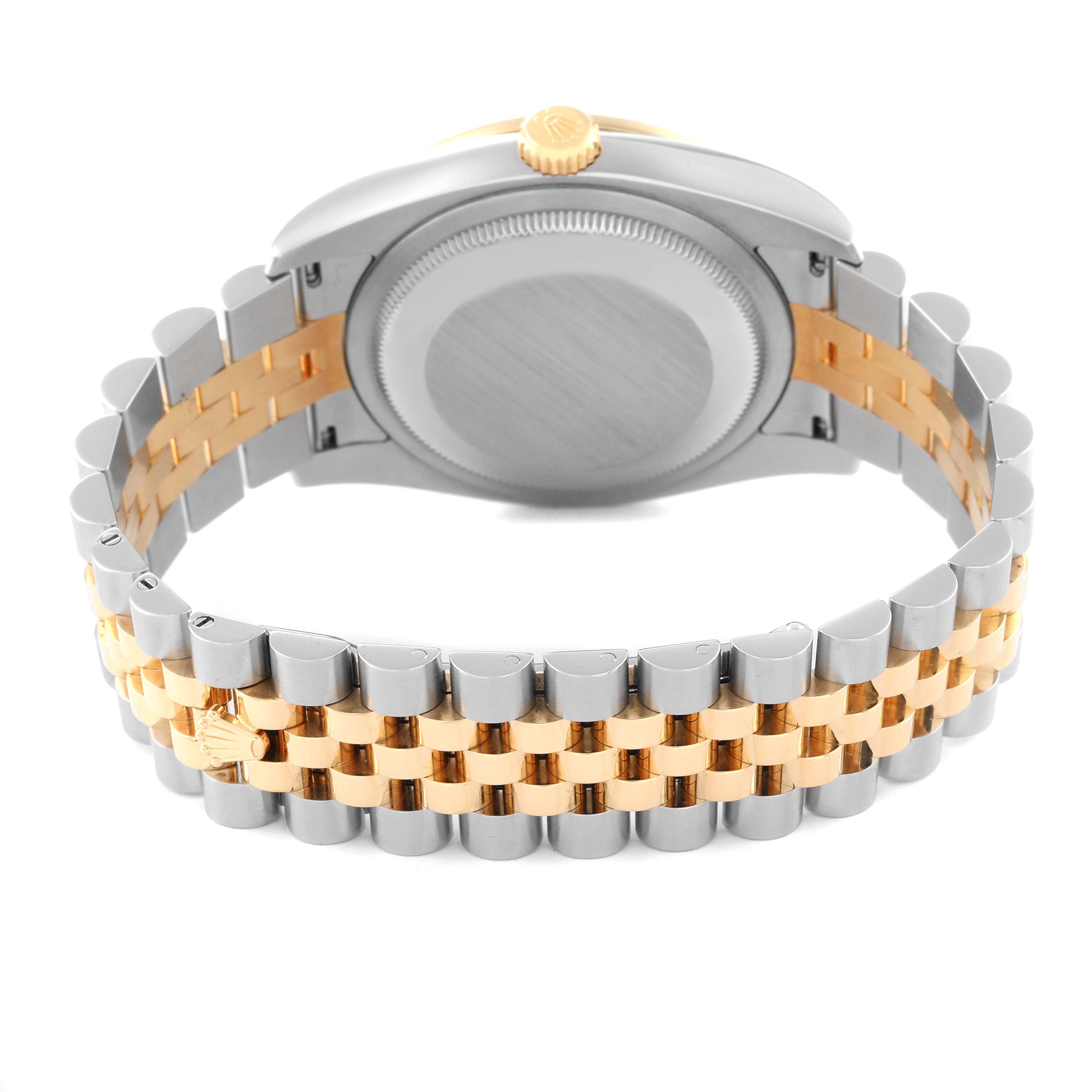 This image shows the back and bracelet of the Rolex Datejust 116243 Men's Steel and Gold (two tone) Silver Dial 116243 Men's Steel and Gold (two tone) Silver Dial watch at a rear angle.