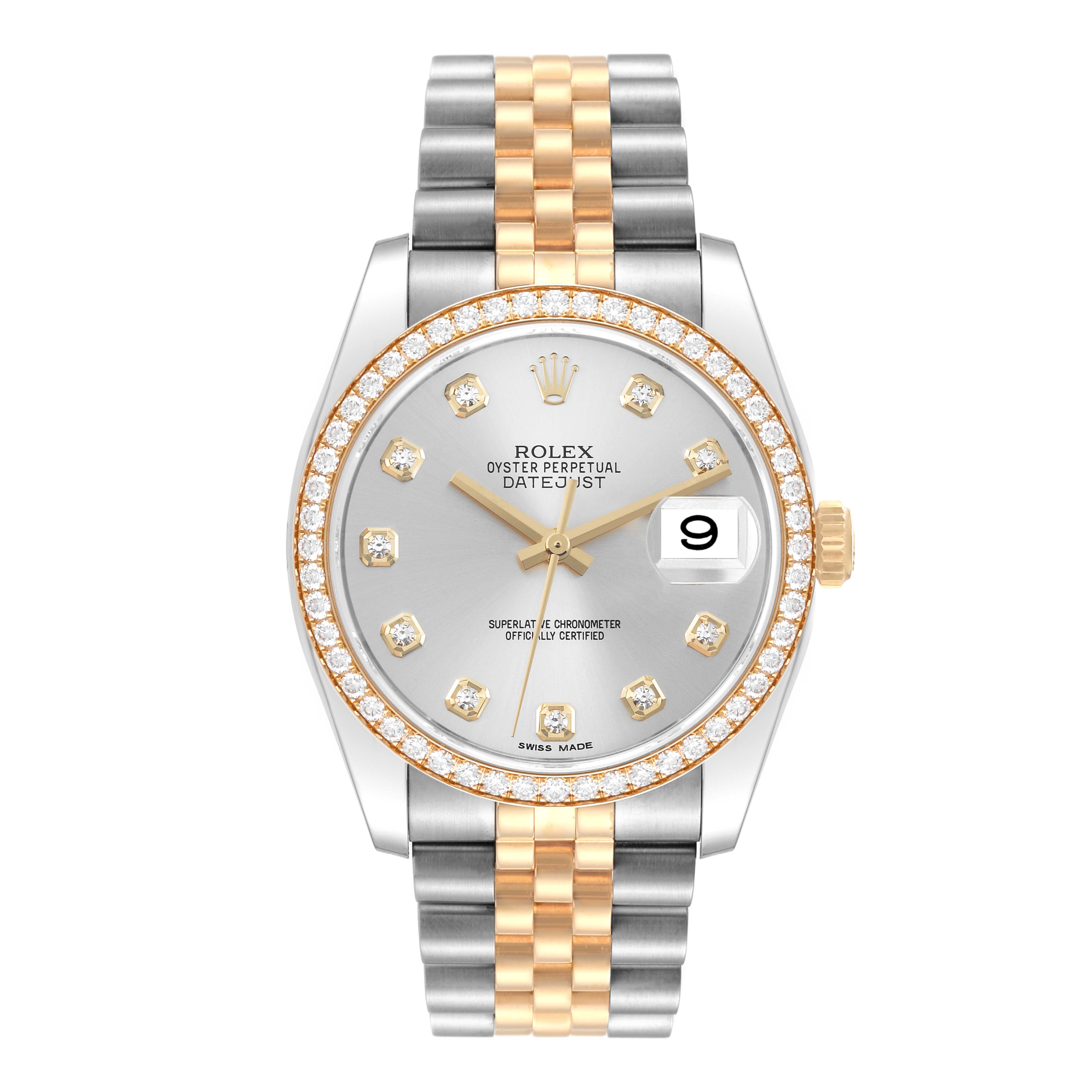 The image shows a front view of a Rolex Datejust 116243 Men's Steel and Gold (two tone) Silver Dial 116243 Men's Steel and Gold (two tone) Silver Dial watch with a two-tone bracelet and diamond hour markers.