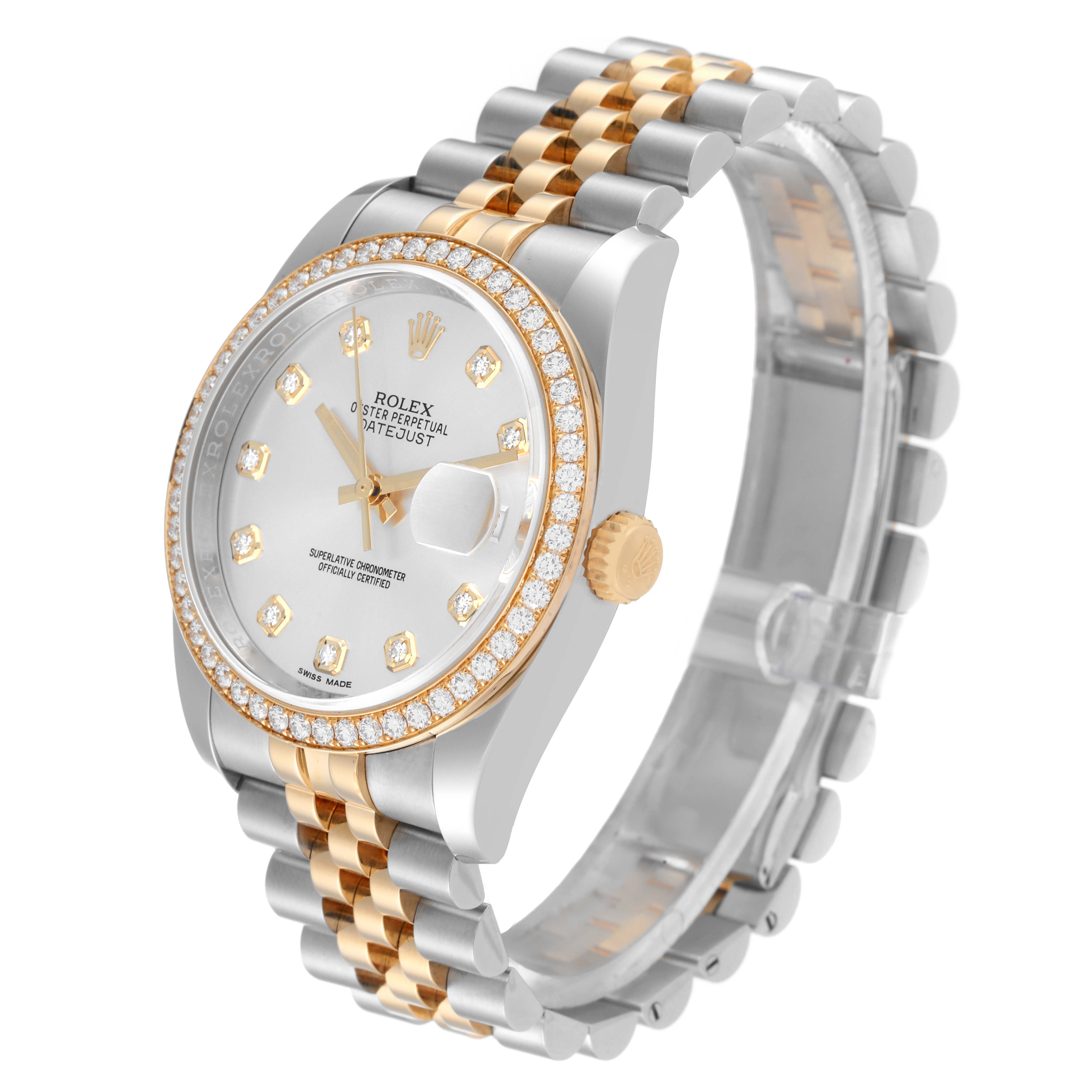 The Rolex Datejust 116243 Men's Steel and Gold (two tone) Silver Dial 116243 Men's Steel and Gold (two tone) Silver Dial watch is shown at an angled front view, featuring a gold and silver bracelet, a diamond bezel, and a white dial.