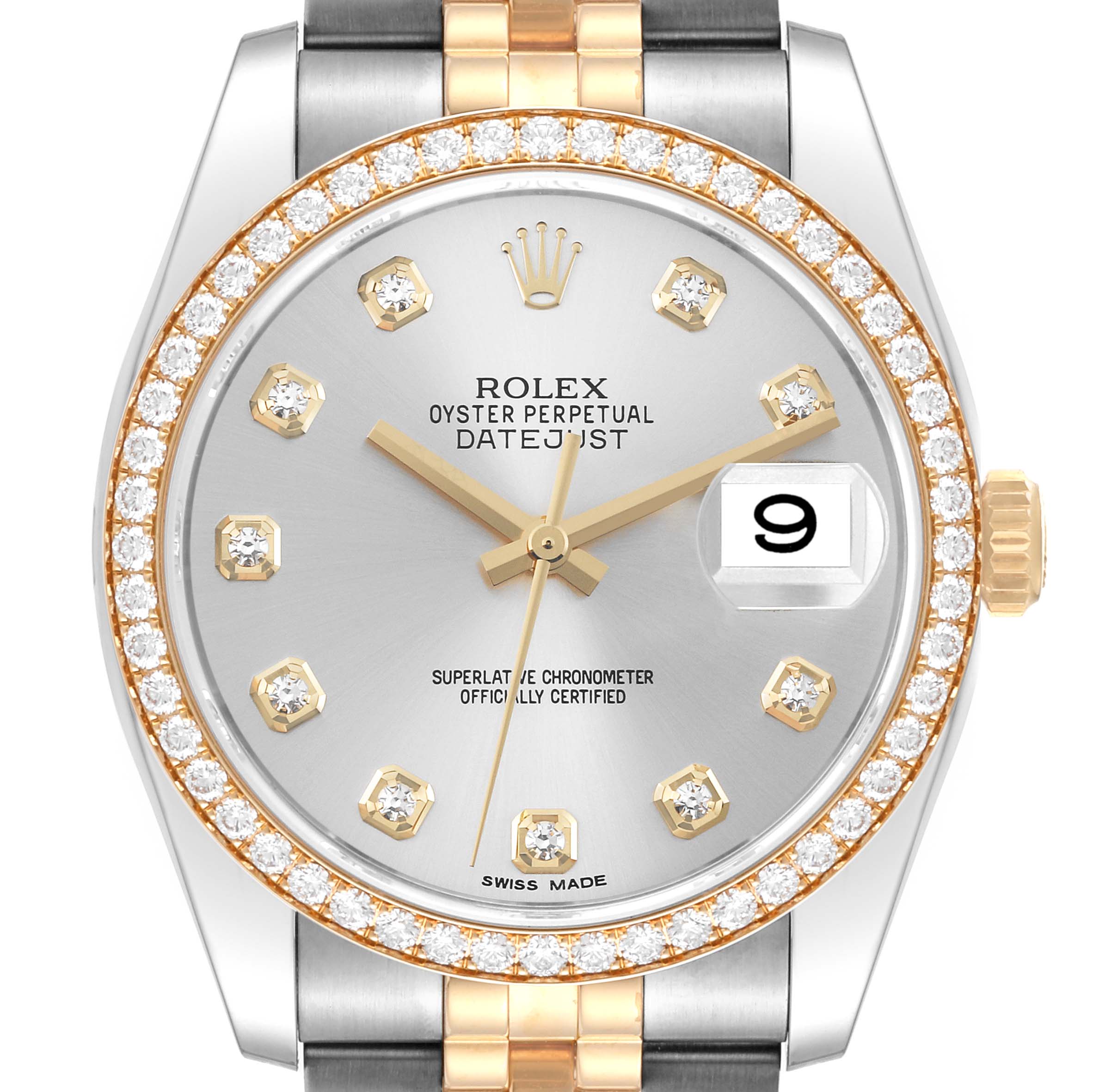 The image shows a front view of a Rolex Datejust 116243 Men's Steel and Gold (two tone) Silver Dial 116243 Men's Steel and Gold (two tone) Silver Dial watch featuring a diamond bezel, silver dial, gold hour markers, and date display.