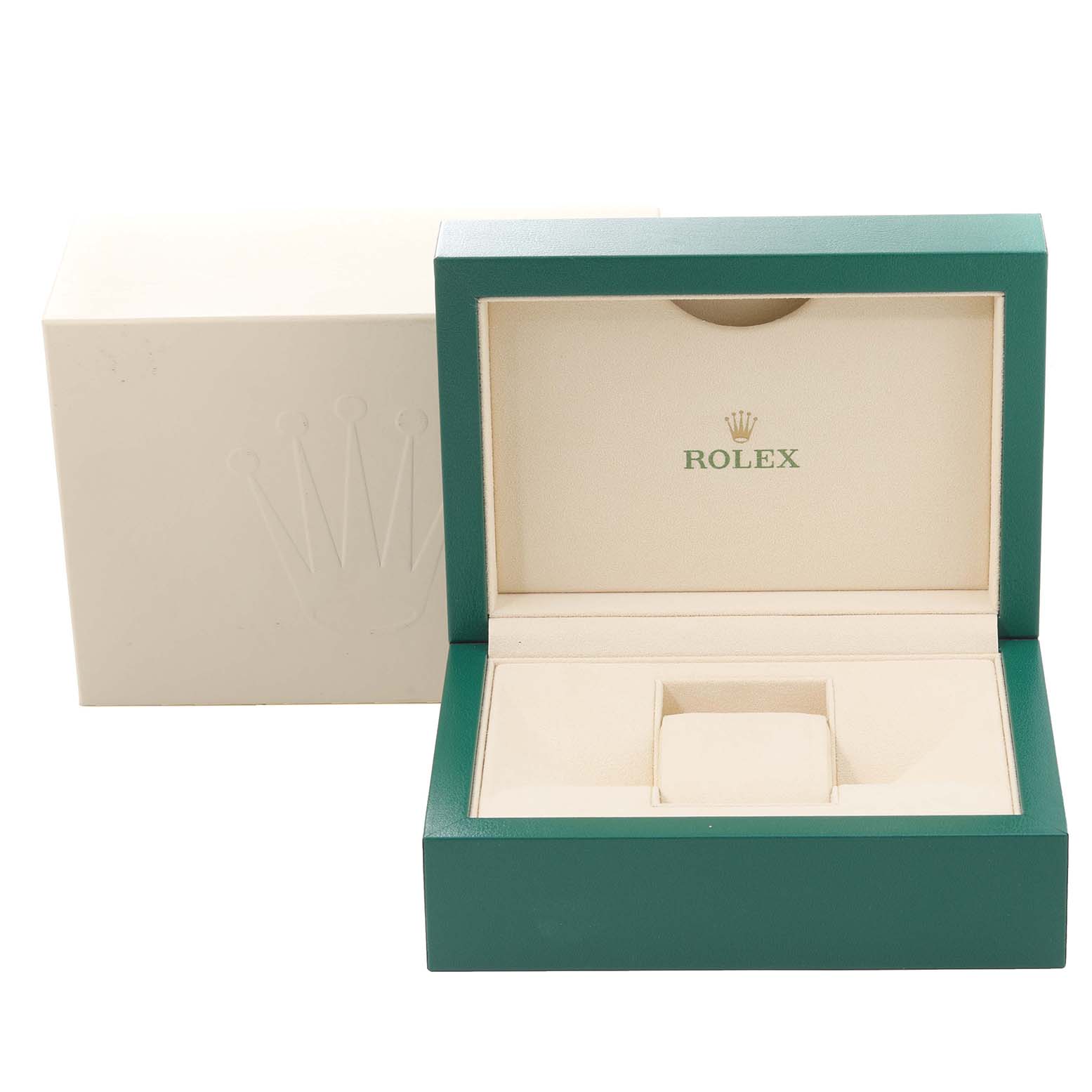 The image shows an open box for a Rolex Datejust 116243 Men's Steel and Gold (two tone) Silver Dial 116243 Men's Steel and Gold (two tone) Silver Dial model, with the interior and exterior visible.