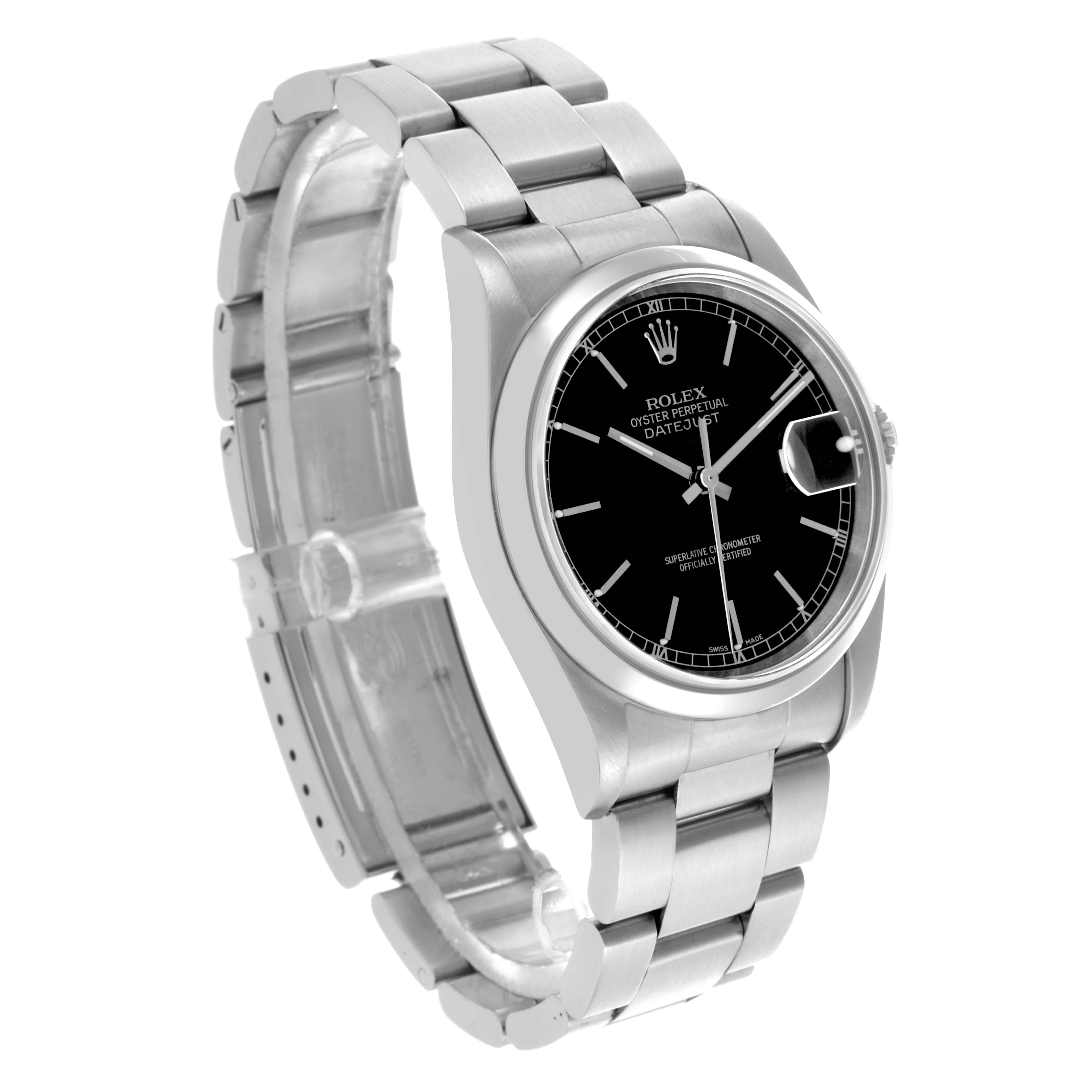 The Rolex Datejust 16200 Men's Stainless Steel Black Dial 16200 Men's Stainless Steel Black Dial watch is shown at a three-quarter angle, highlighting the bracelet, case, and black dial.