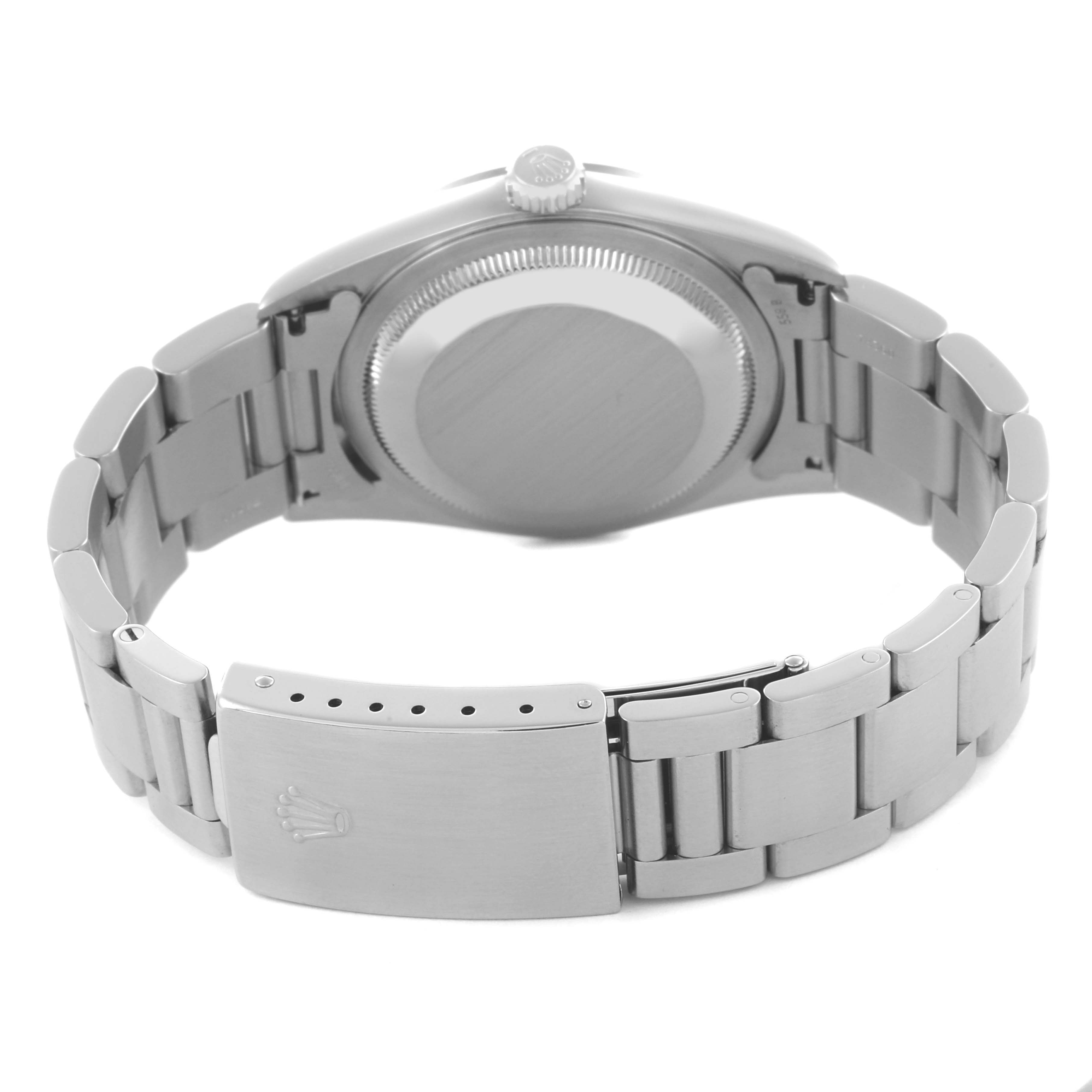 The image shows the back of a Rolex Datejust 16200 Men's Stainless Steel Black Dial 16200 Men's Stainless Steel Black Dial watch, highlighting the case back, crown, and bracelet clasp.