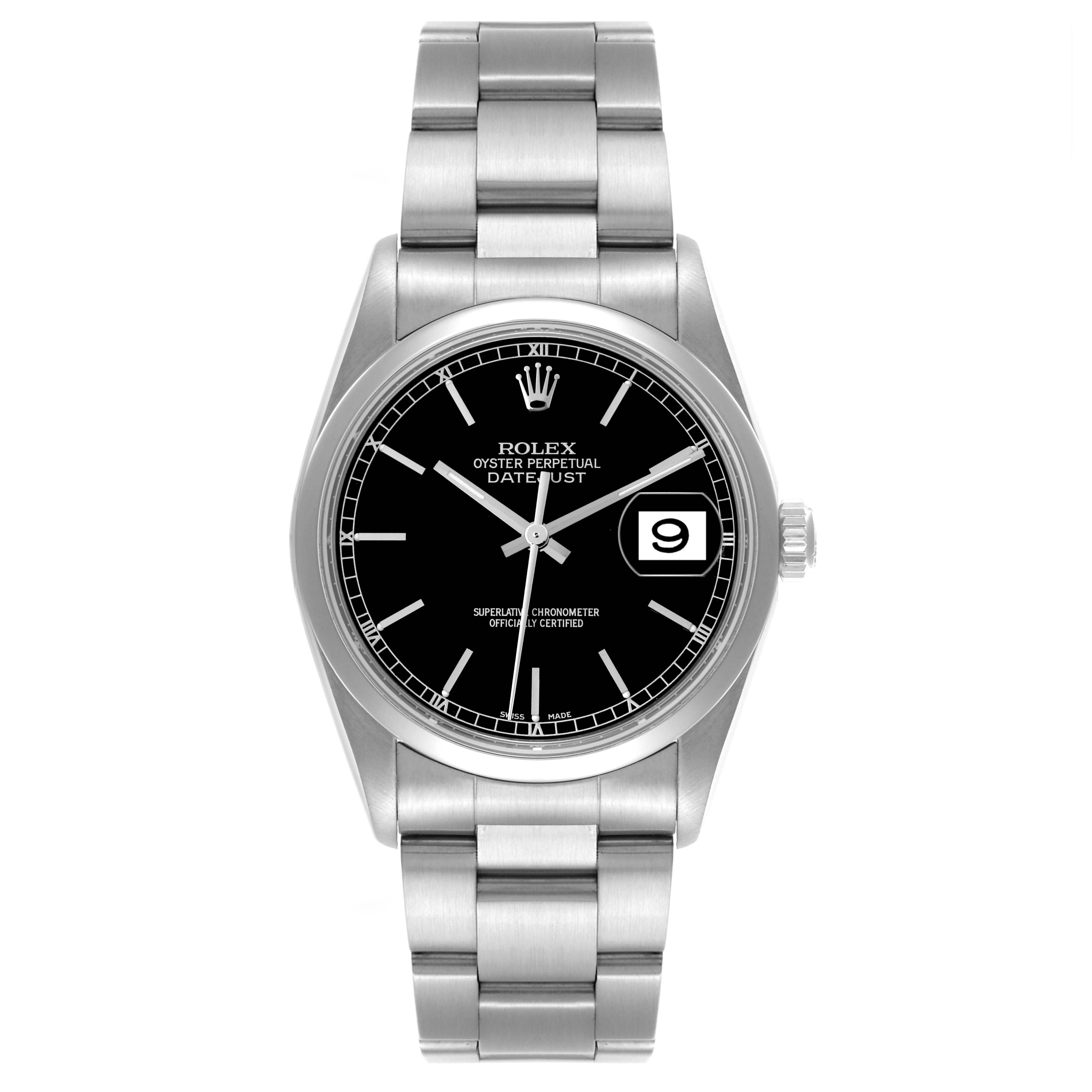 The Rolex Datejust 16200 Men's Stainless Steel Black Dial 16200 Men's Stainless Steel Black Dial watch is shown from a front angle, displaying the dial, hands, bracelet, and date window.