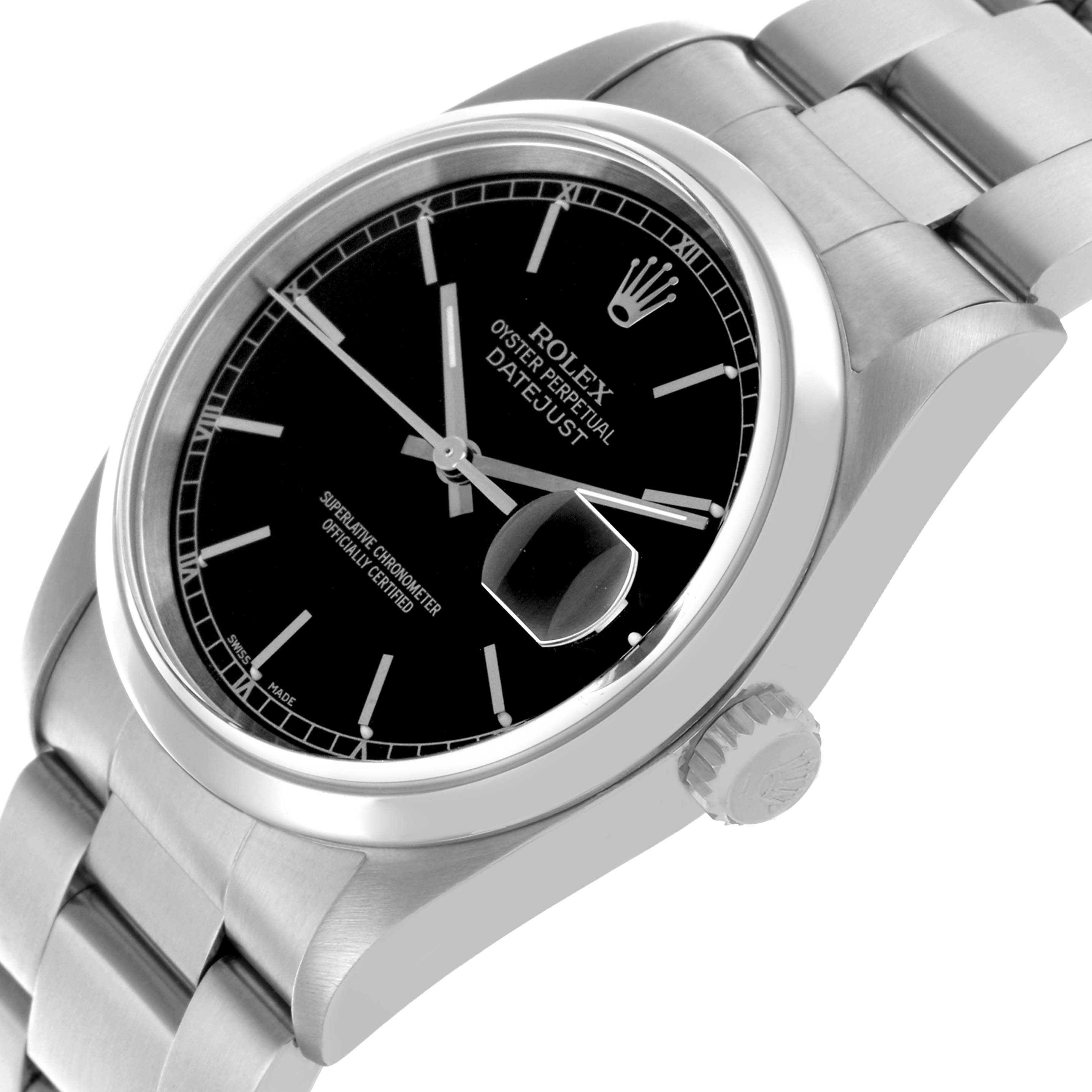 The Rolex Datejust 16200 Men's Stainless Steel Black Dial 16200 Men's Stainless Steel Black Dial watch is shown at an angled side view, featuring the dial, bezel, bracelet, and crown.