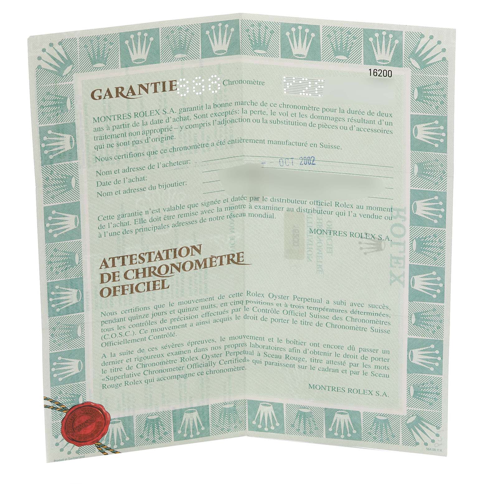 This is a warranty card for the Rolex Datejust 16200 Men's Stainless Steel Black Dial 16200 Men's Stainless Steel Black Dial model, showing text and logos.