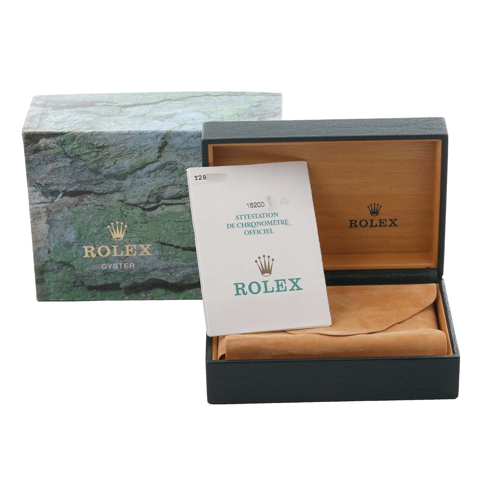 The image shows a Rolex Datejust 16200 Men's Stainless Steel Black Dial 16200 Men's Stainless Steel Black Dial box, certificate, and interior case from a front angle.