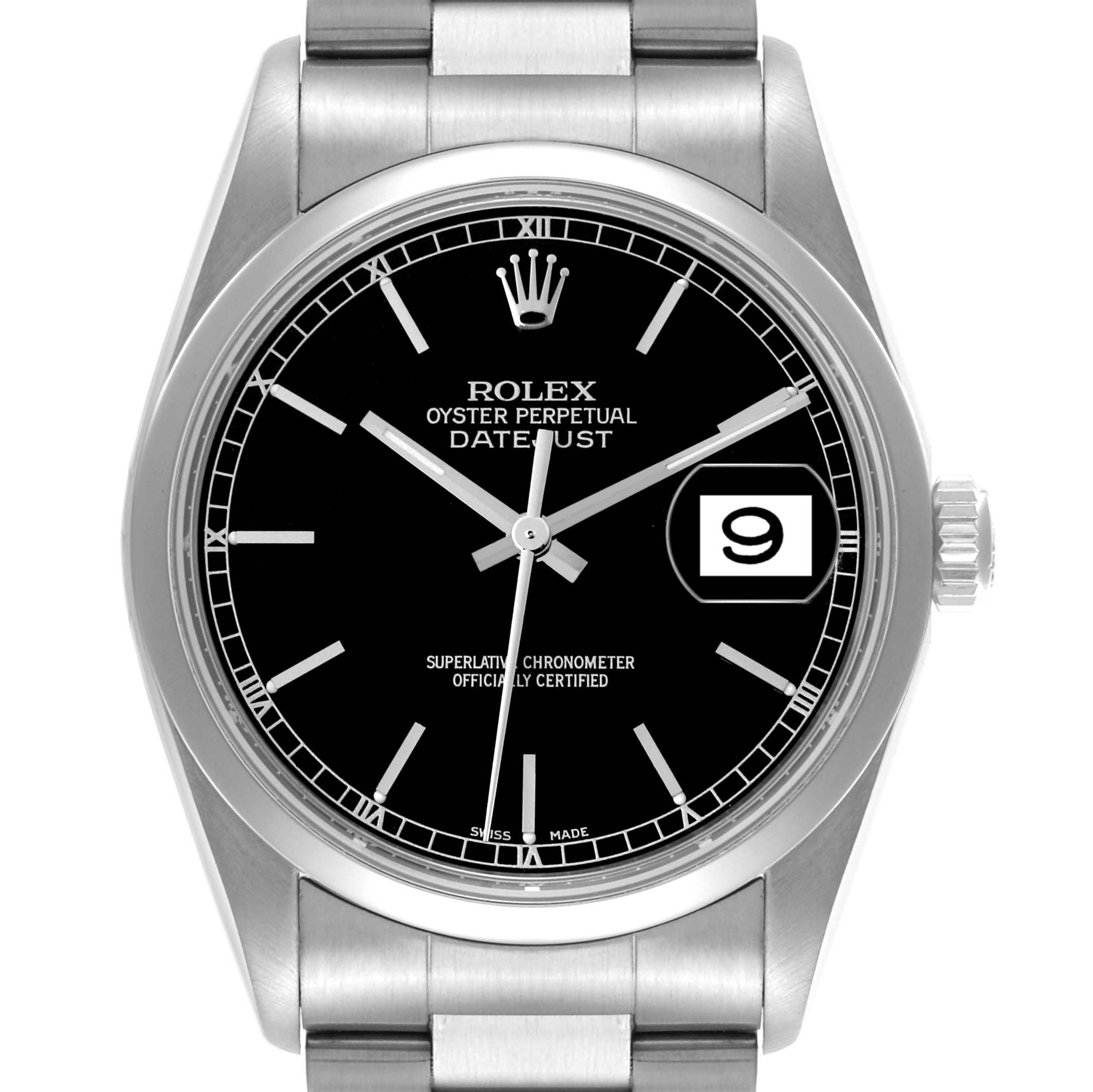 The Rolex Datejust 16200 Men's Stainless Steel Black Dial 16200 Men's Stainless Steel Black Dial watch is shown from the front, displaying the dial, bezel, and part of the bracelet.