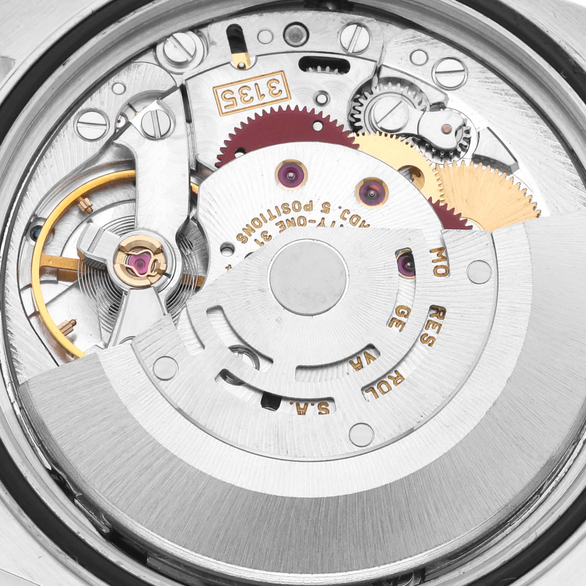 The image shows the internal mechanical movement of a Rolex Datejust 16200 Men's Stainless Steel Black Dial 16200 Men's Stainless Steel Black Dial watch, highlighting gears and components.