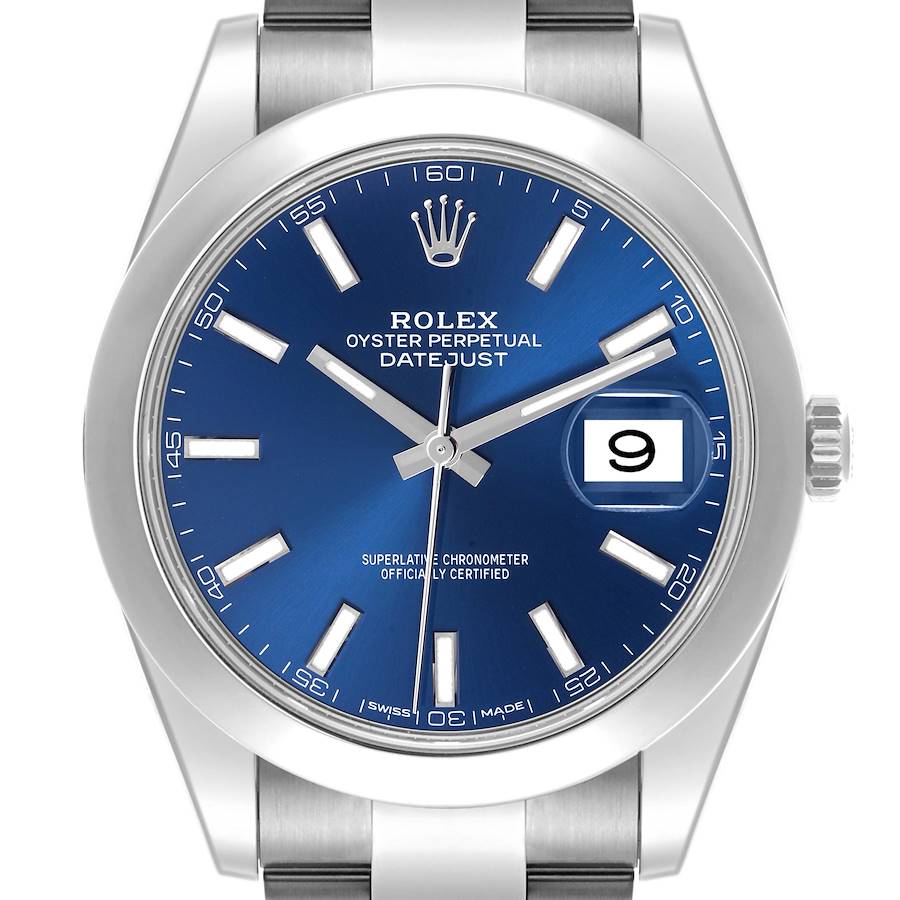 The Rolex Datejust 41 is shown from a front angle, highlighting its blue dial, markers, and date window.