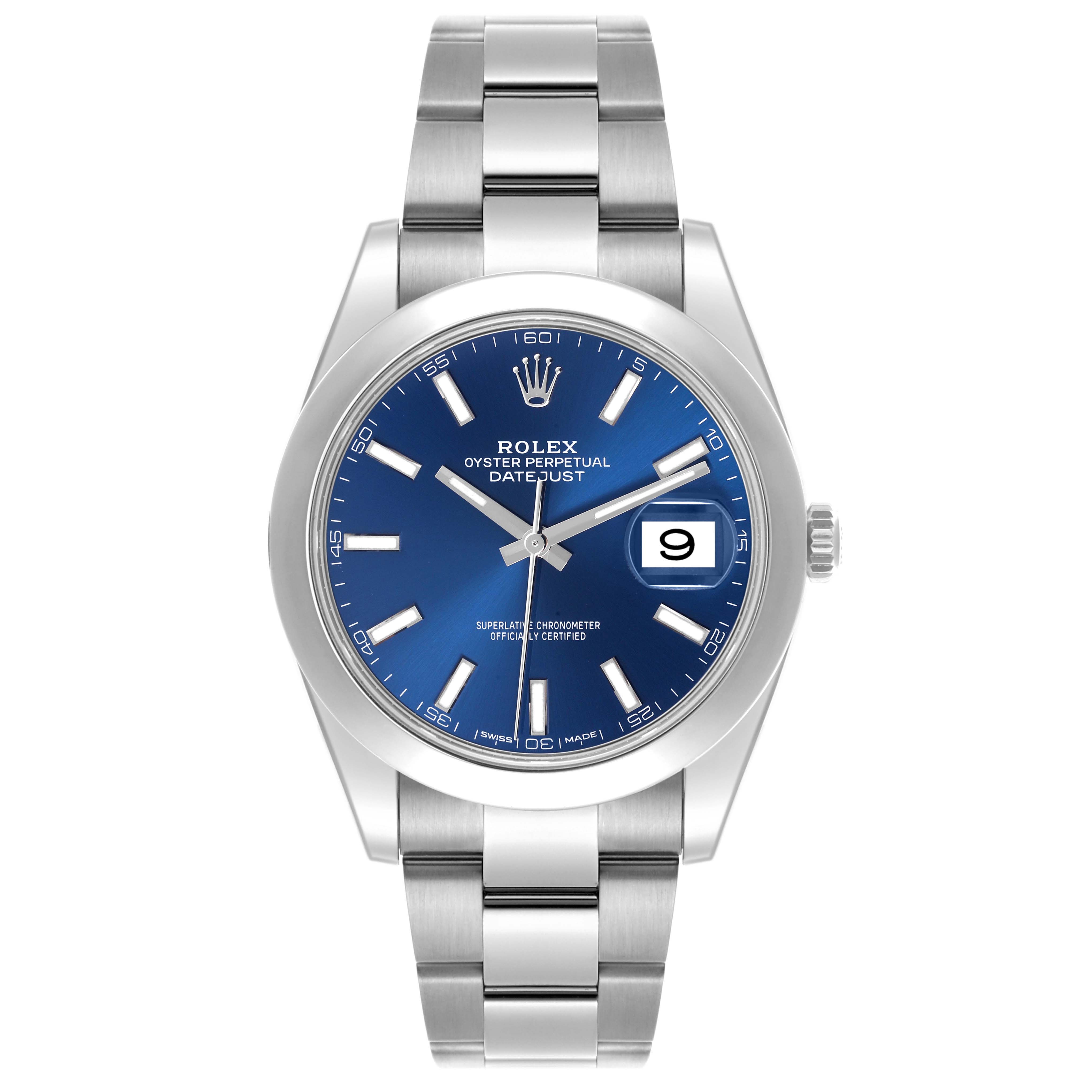 The image shows a front view of the Rolex Datejust 41 126300 Men
s Stainless Steel Blue Dial 126300 Men
s Stainless Steel Blue Dial, highlighting the dial, case, and bracelet.