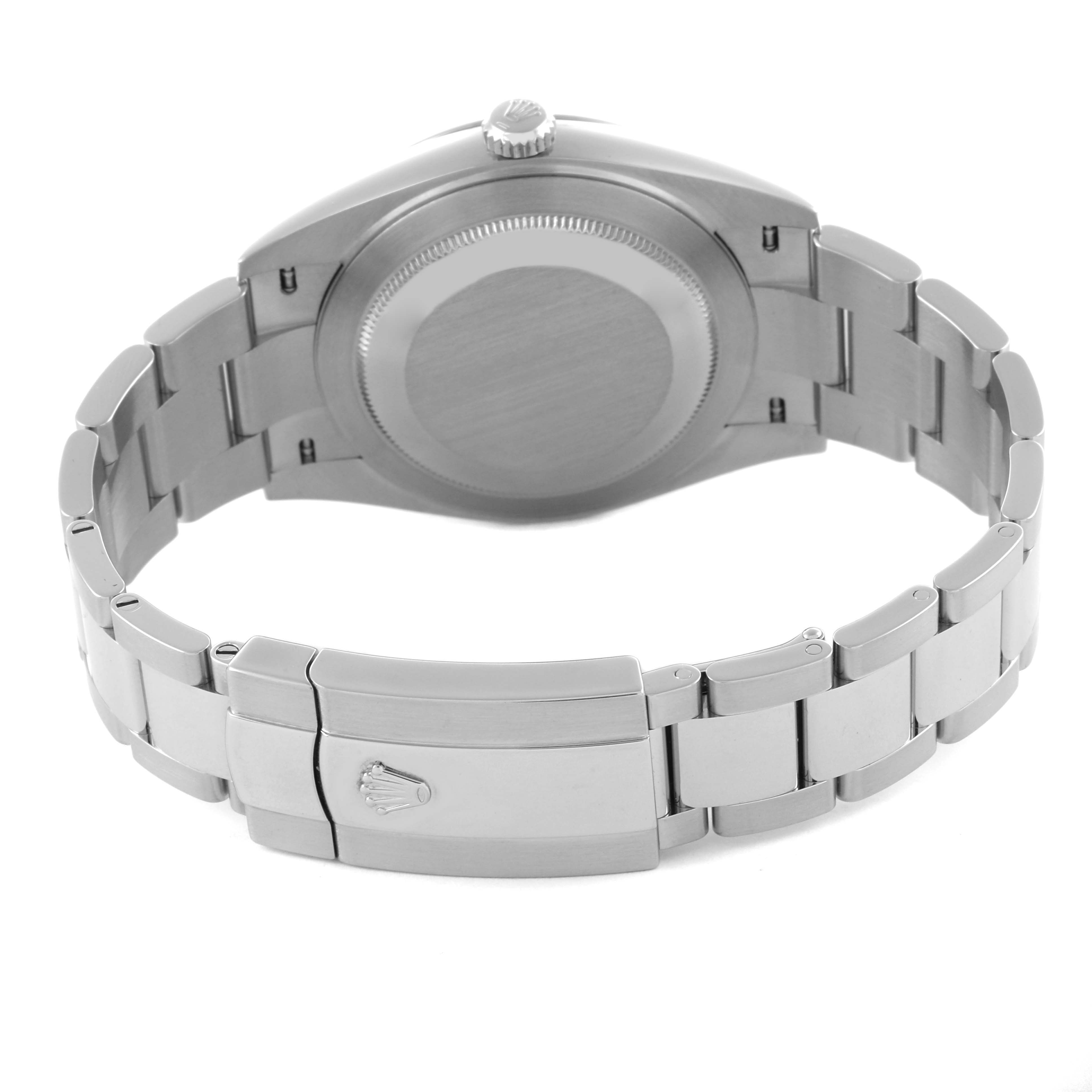 The image shows the back of a Rolex Datejust 41 126300 Men
s Stainless Steel Blue Dial 126300 Men
s Stainless Steel Blue Dial watch, highlighting the case back and bracelet clasp.